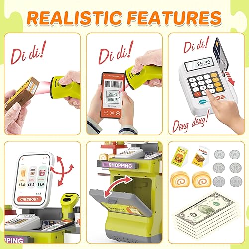 Miniatura 4 de deAO Juego de caja registradora para niños, 48 piezas de supermercado, juego de simulación de caja registradora con escáner, juego de alimentos y