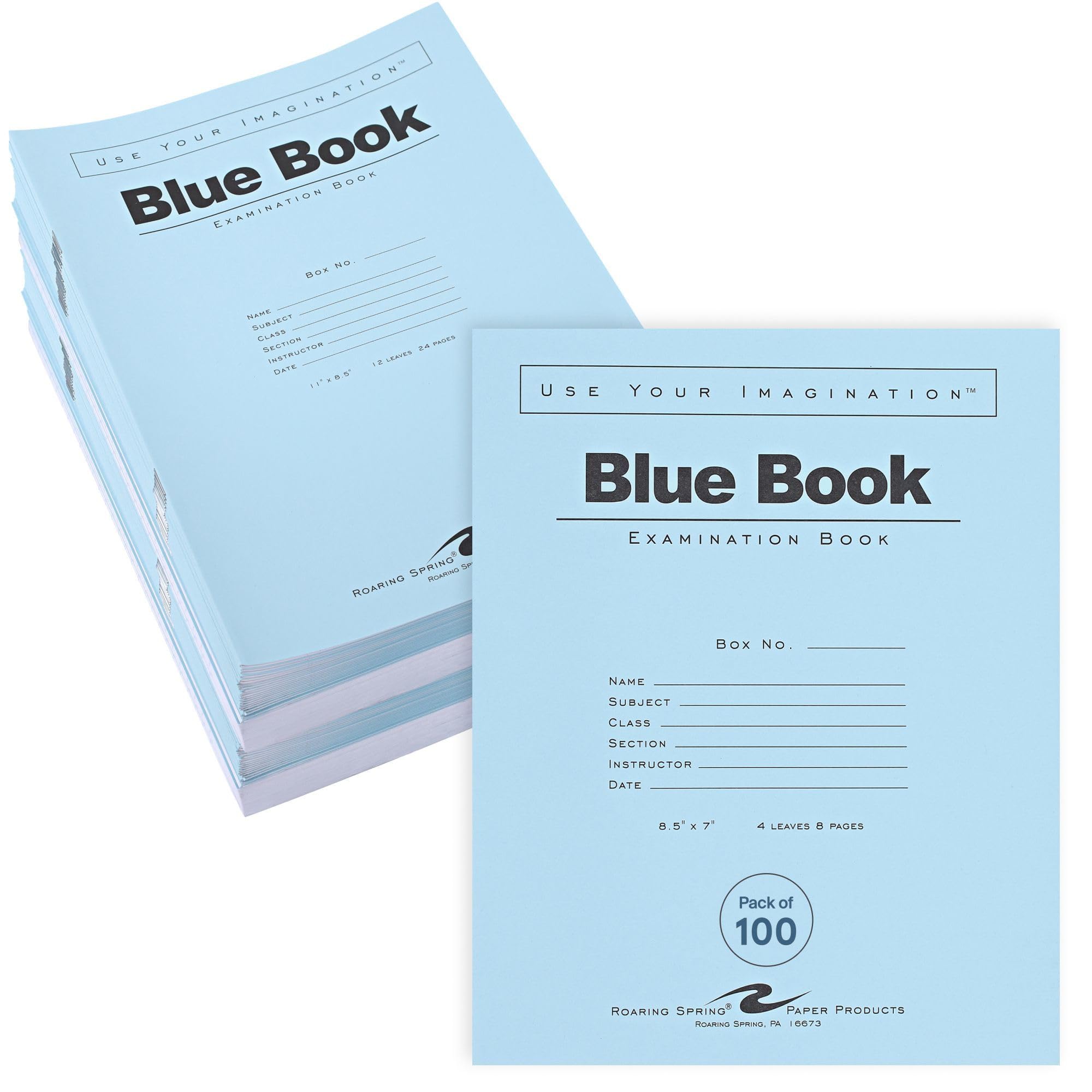 Exam Blue Books, 100 School Examination Booklets, 8.5" x 7", 4 Sheets/8 Pages, Wide-Ruled with Margin Student Testbook, Made in USA