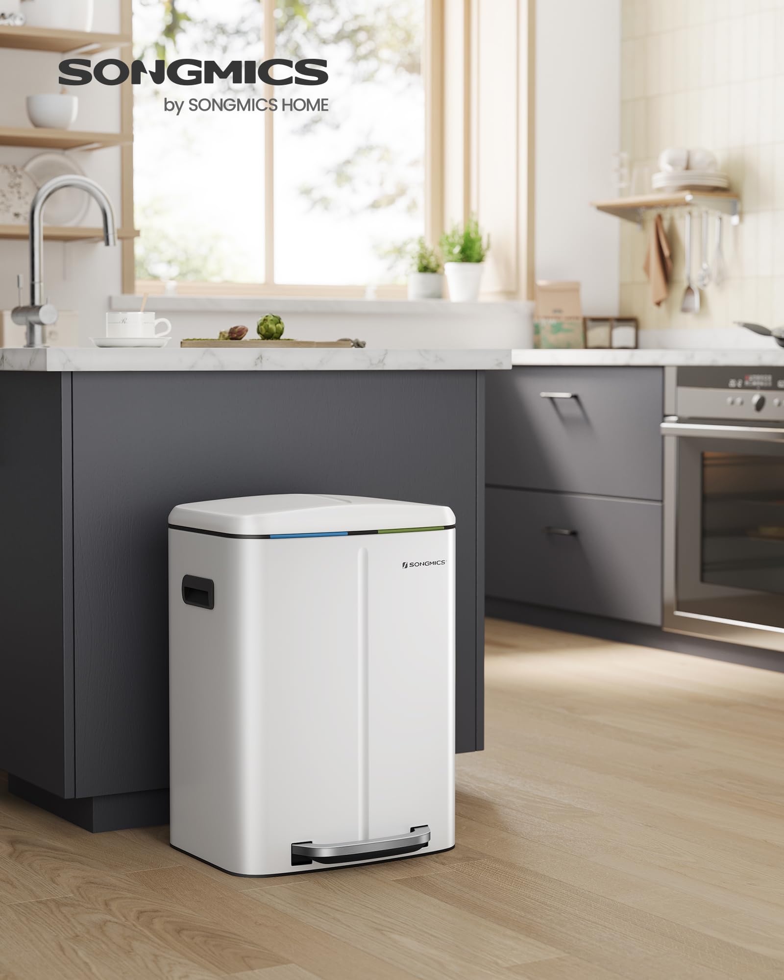SONGMICS Cubo de Basura Doble, 2 x 20 L Cubo de Cocina, Cubo Metálico Pedal de Doble Compartimento, con Cubos Interiores de Plástico, Tapas de Cierre Suave y Asas, Sello Antiolor, Blanco LTB40WT