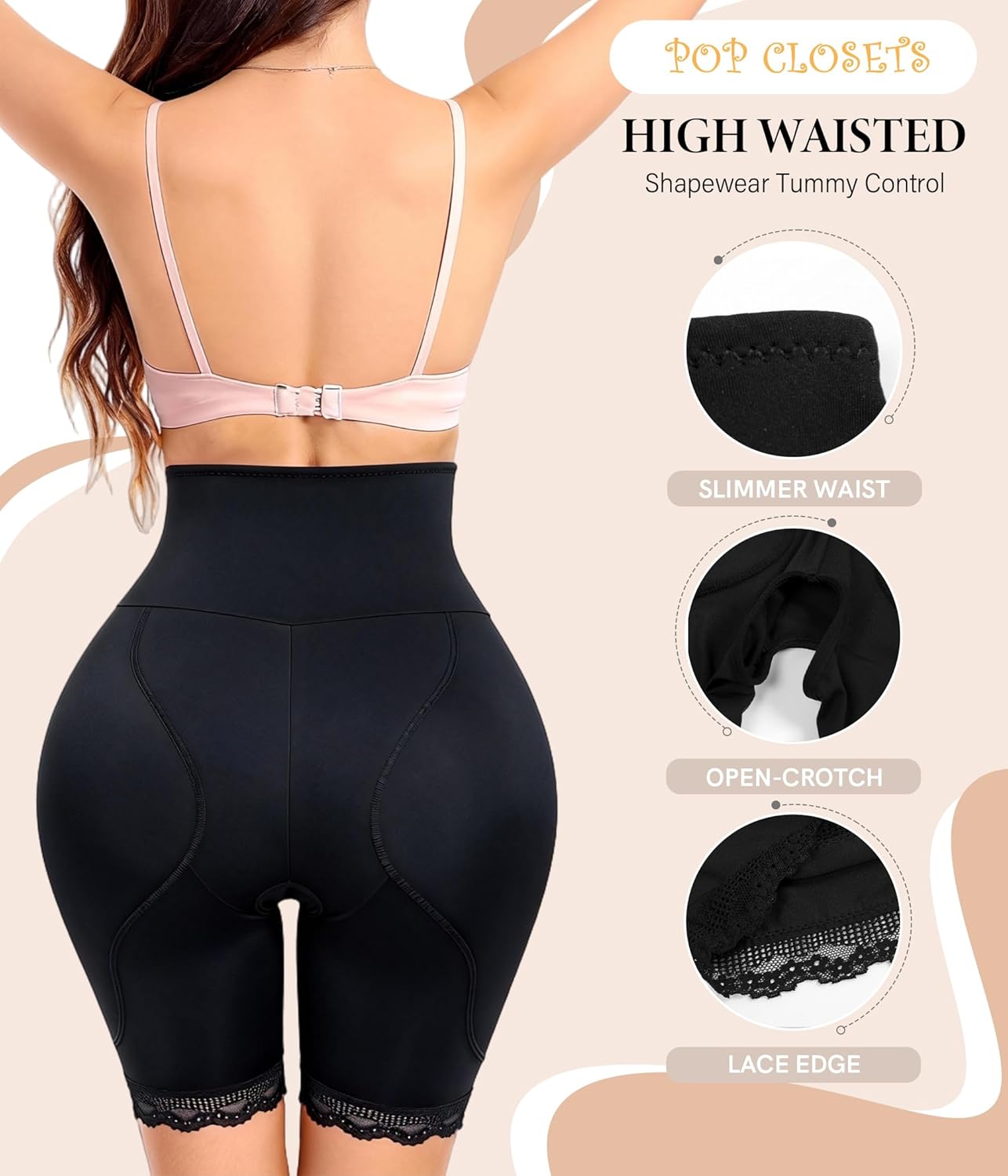 POP CLOSETS Women's Shapewear Control Panties High Waisted Hip Pads Shapewear bbl Shorts with Open Crotch - Image 3