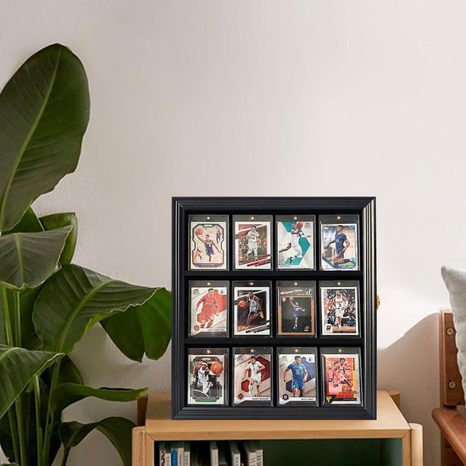 Baseball Card Display Cabinet, 12 Graded Sports Card Display Cabinet, Wall Mounted Locking Trading Card Frame with UV Protective Door for Baseball Football Basketball Hockey Trading Card Collection,