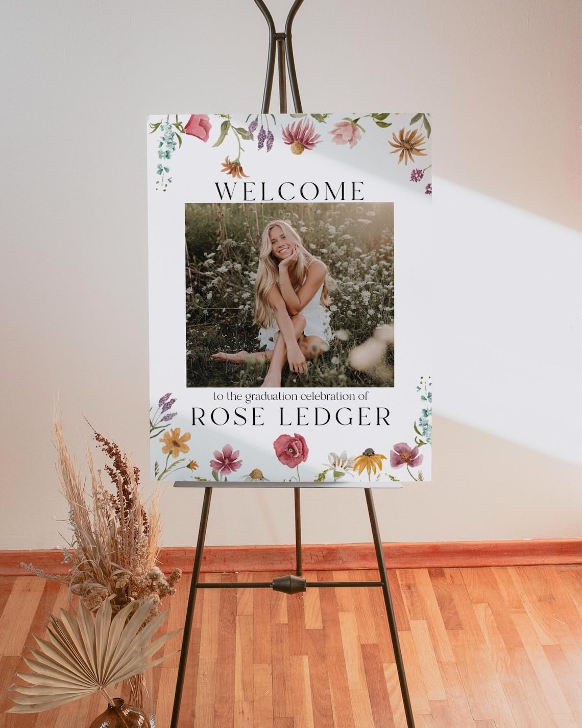 Graduation Party Welcome Sign Custom Photo Grad Party Sign Personalized, Wildflower Graduation Welcome Sign, 12" x 18" (Small), 27" (Medium), 36" (