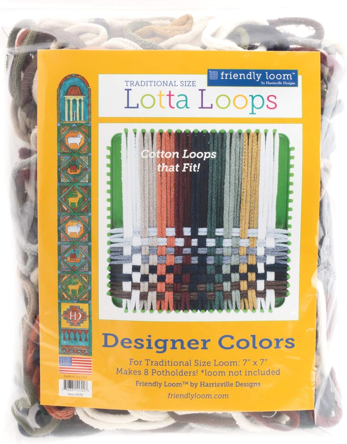 Friendly Loom Lotta Loops 7" Standard Size Designer Cotton Loops Makes 8 Potholders, Weaving, Crafts For Kids And Adults-Assorted Colors By Harrisville Designs