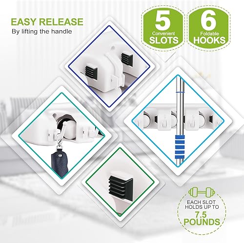 Miniatura 4 de LETMY Soporte de pared para escoba, soporte para fregona y escoba, estante de almacenamiento de garaje y organizador de herramientas de jardín, 5