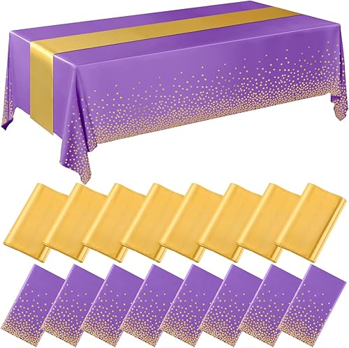 Miniatura 10 de Tudomro Juego de 16 piezas de manteles de plástico desechables blancos y oro rosa y caminos de mesa de satén, manteles de 54x108 pulgadas, caminos