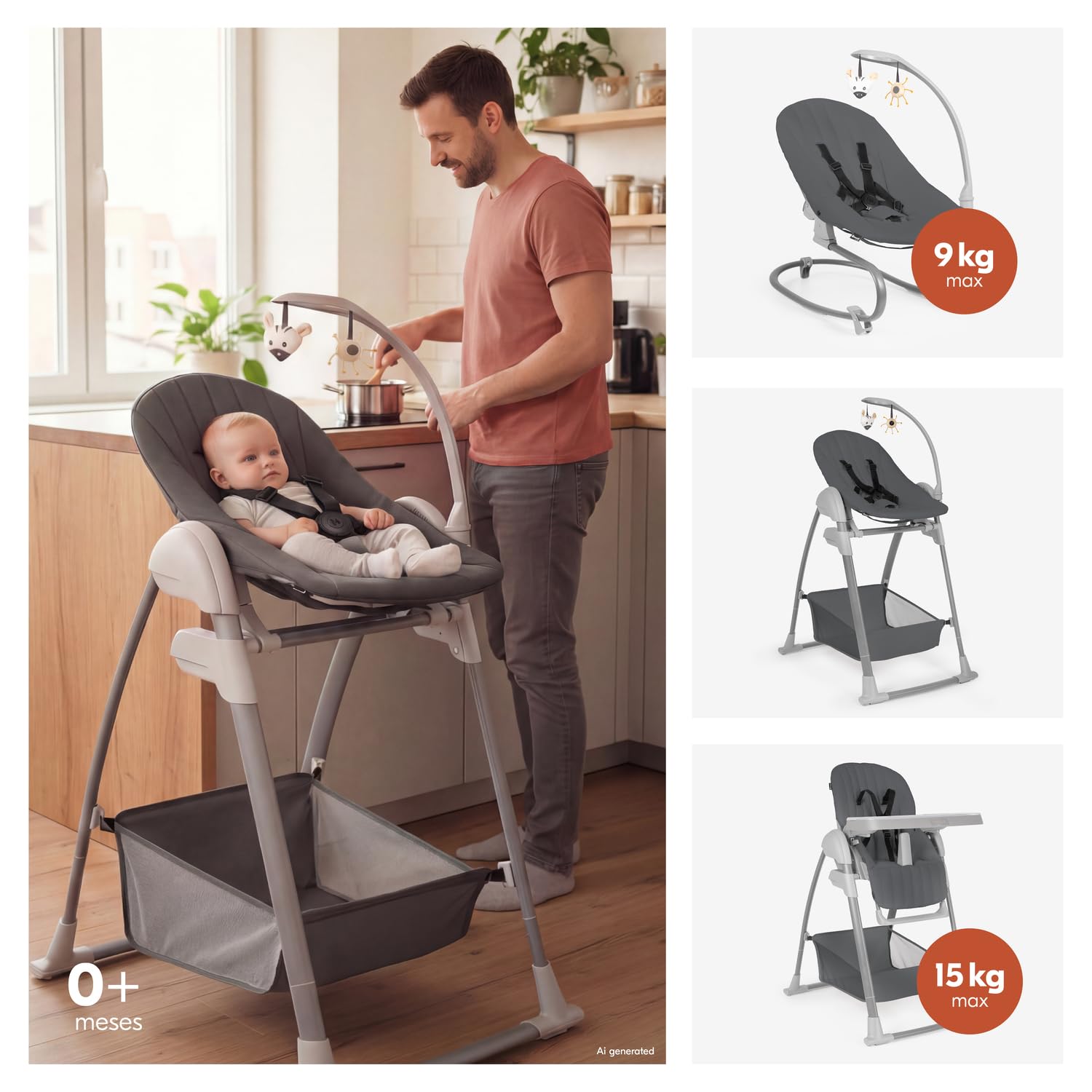 hauck Sit N Relax 3 en 1 Tronas de Bebe Plegables desde Nacimiento hasta 15 kg - con Hamaca para Recién Nacido - Balancín - Arco de Juegos - Bandeja - Ruedas y Cesta - Altura Regulable