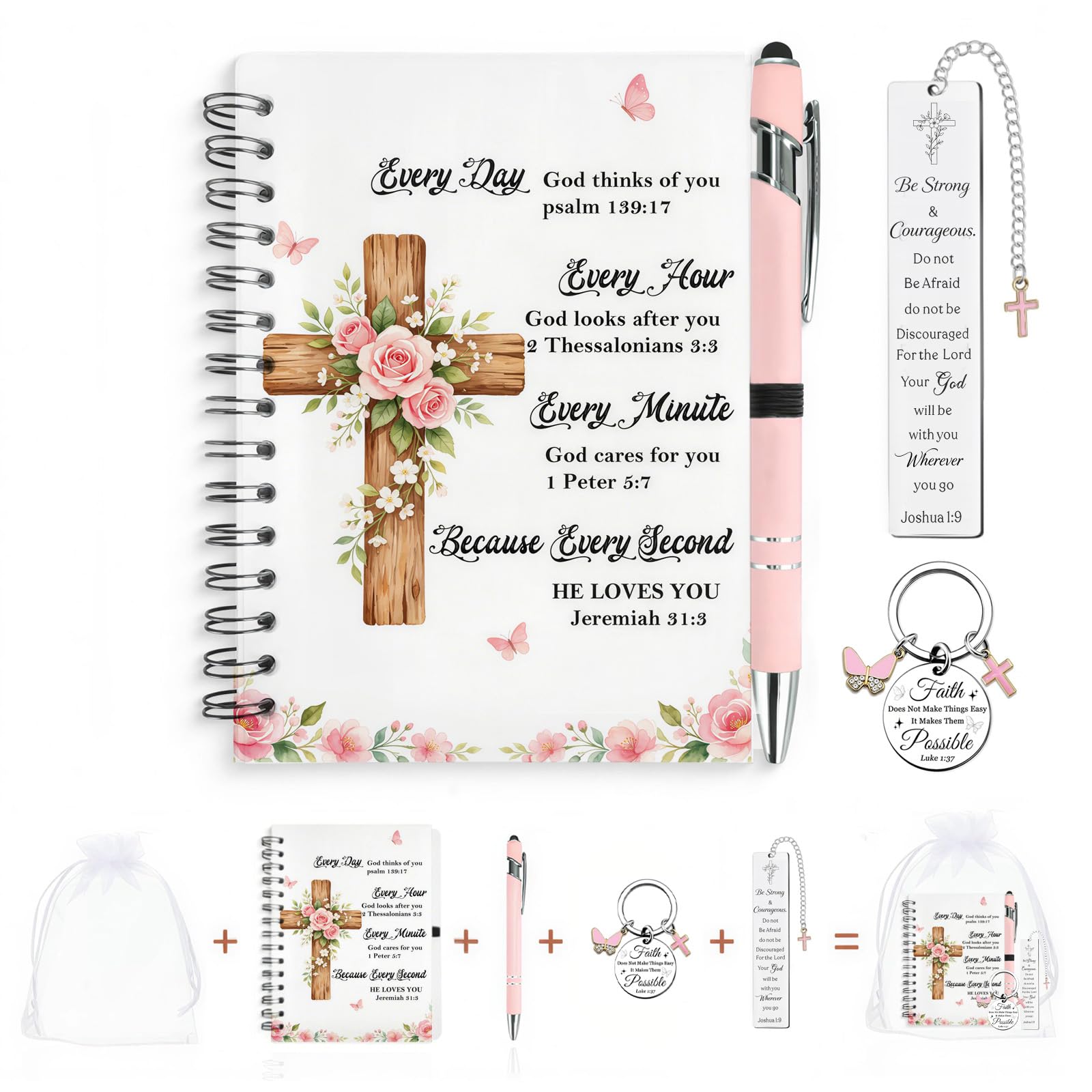 Nevicor Bible Study Journal Set, 4pcs Christian Gifts for Women - Including Christian Notebook, Ballpoint Pen, Bible Keychain, Verse Bookmark