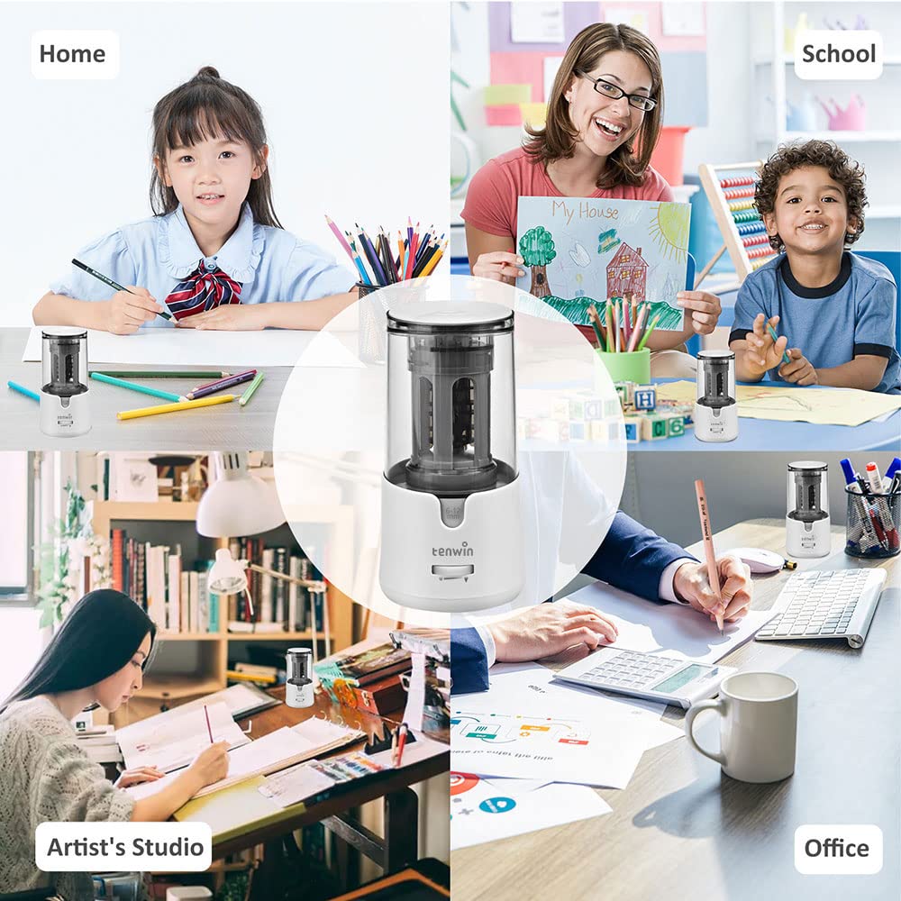 Sacapuntas Eléctrico para Lápices de 6-12mm, Sacapuntas Grande para Artistas, Sacapuntas Rápido para Lápices de Colores, Portátil para Oficina, Escuela, Aula, Casa (Blanco)