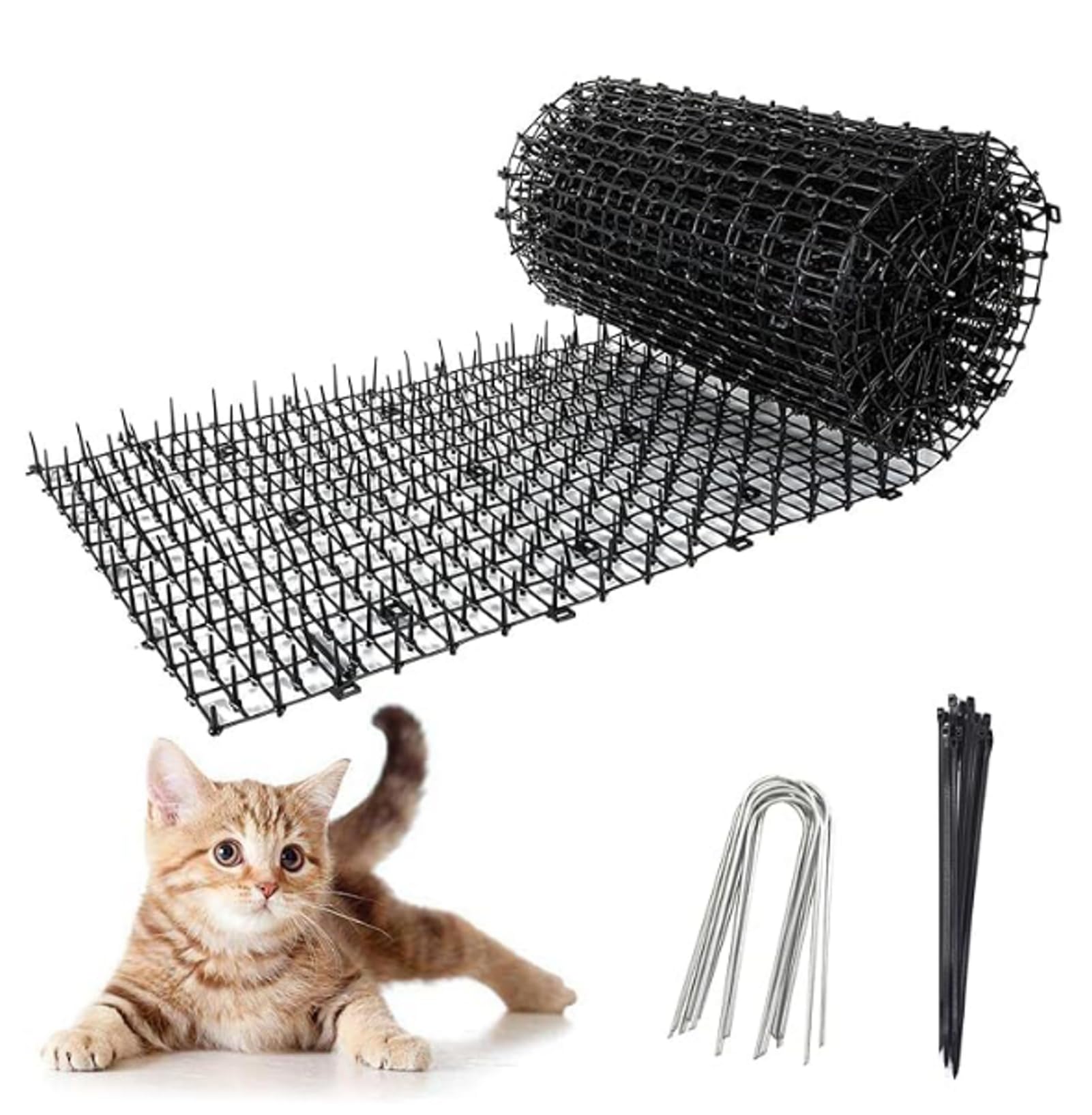 30x200CM Cut-to-Size Cat-Deterrents Mat Roll, Black Plastic Cat Scat Mat with Spikes, Cat Repellent-Mat Prickle Stirp Pet-Deterrents Net with 8 Nails and 8 Cable Ties for Garden, Fence, Indoor