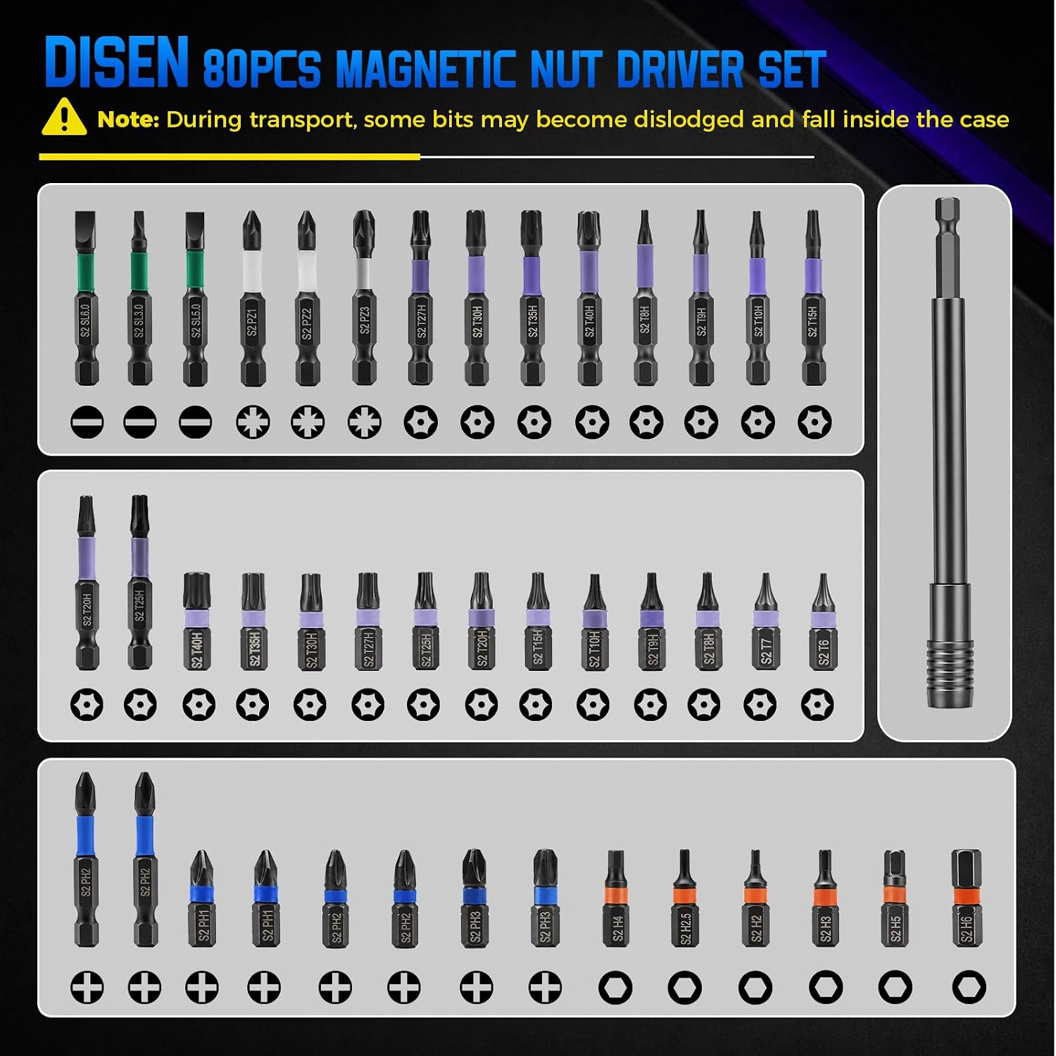 DISEN 80-Pieces Magnetic Impact Nut Driver Set Metric & SAE with Socket Adapters Impact Driver Bit Set Socket Set Deep Nut Driver Wing Nut Driver Tool Set Gift for Father and Friend thumbnail