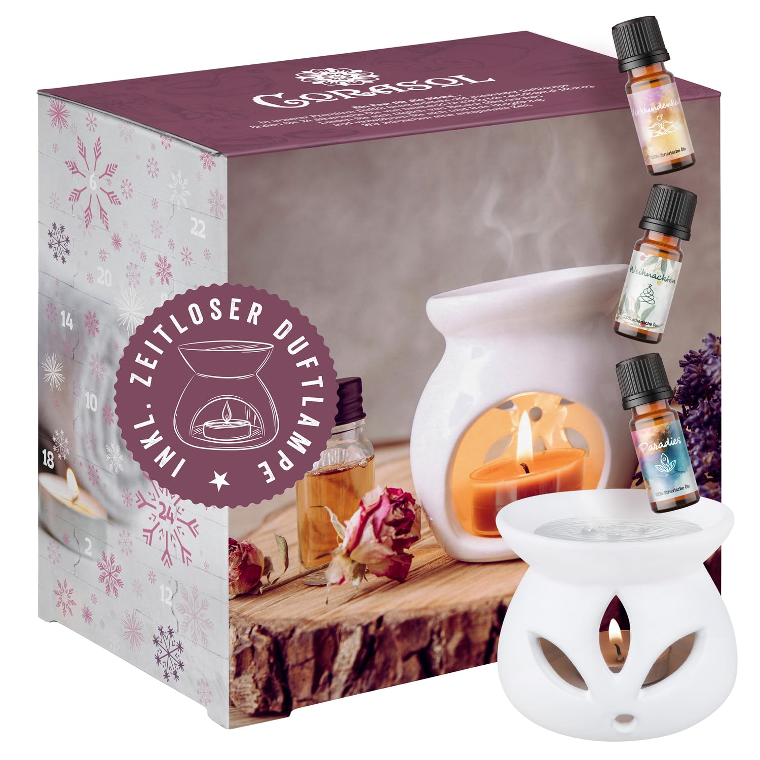 Corasol Premium Wellness Duftöl Adventskalender 2025 mit 24 ätherischen Ölen & zeitloser Duftlampe (240 ml)