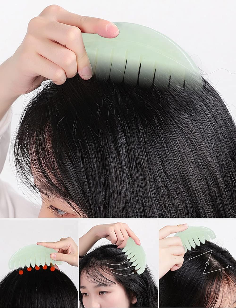 Large Natural Jade Gua Sha Comb, Wide Tooth Acupressure Scalp Massager, Anti-Static Detangling Hair Comb, Jade Stone Scraping Tool for Head Scratching & Full Body Soft Tissue Massage