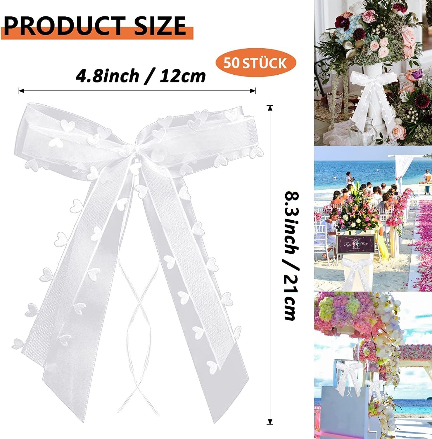 50 Nœuds Pour Antenne De Voiture - Mariage - Satin Blanc à Cœurs - Décoration Noces - Fait Main
