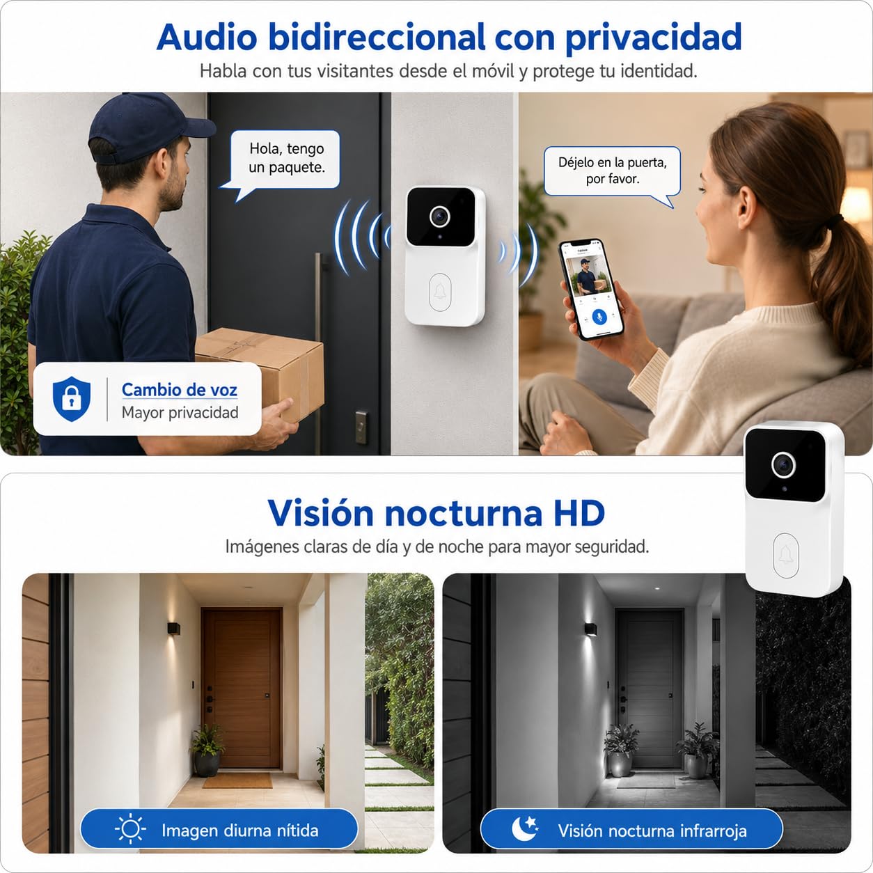 Genérico Videoportero Inteligente WiFi con Cámara 1080P HD, Timbre Inalámbrico de Fácil Instalación con Audio Bidireccional, Visión Nocturna y Alertas en Tiempo Real