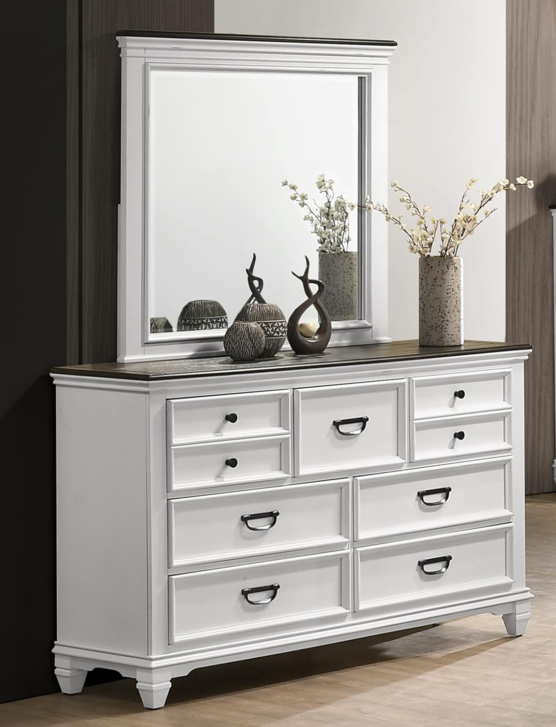 Clelane Wood 7-Drawer Dresser with Mirror, Weathered White and Dark Gray