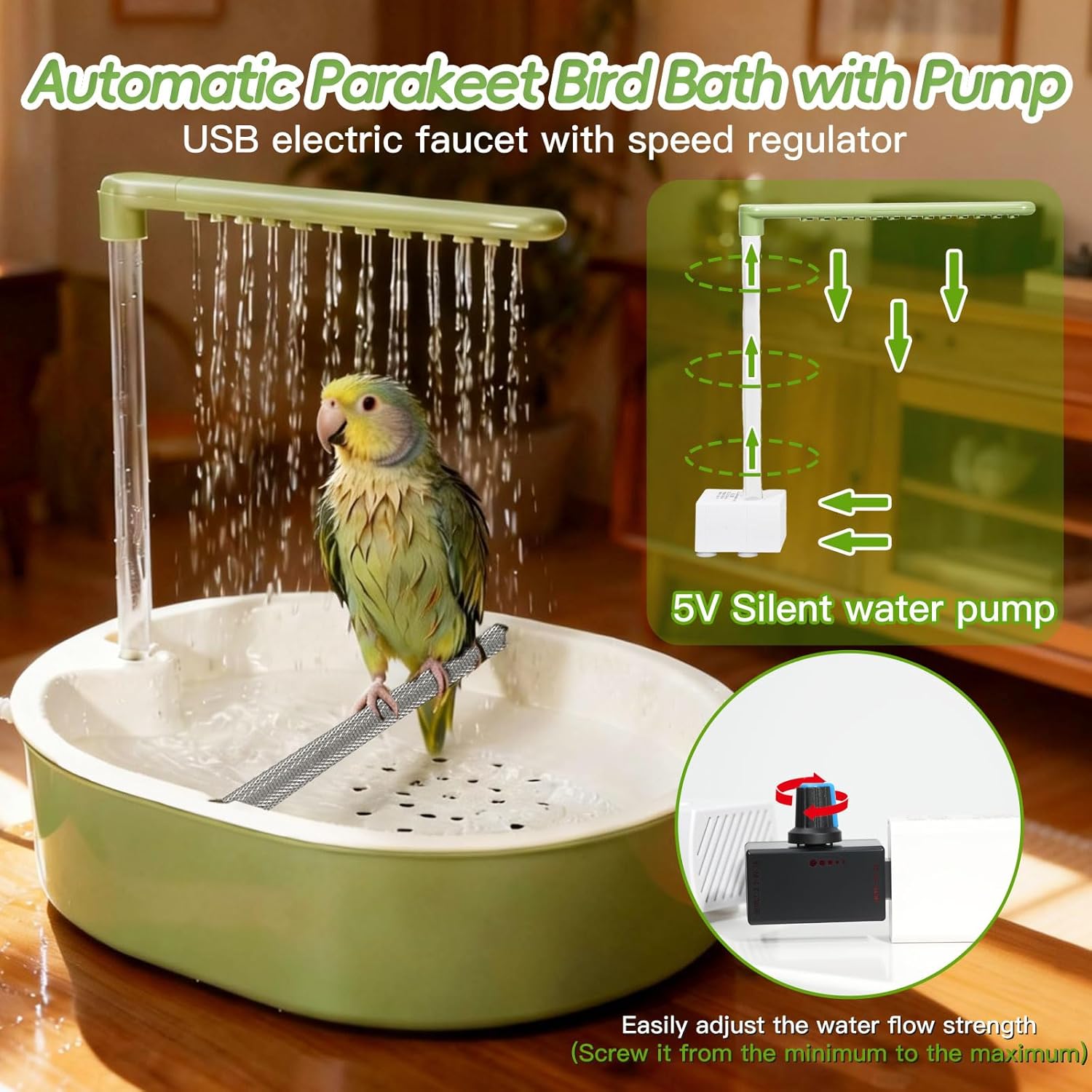 Automatic Parakeet Bird Bath for Cage Large Parrot Shower Bath with Adjustable Water Flow Bird Shower Fountain Indoor Bathtub Stainless Perch Bird Cage Accessory for Birds Cockatiel Conure Budgie