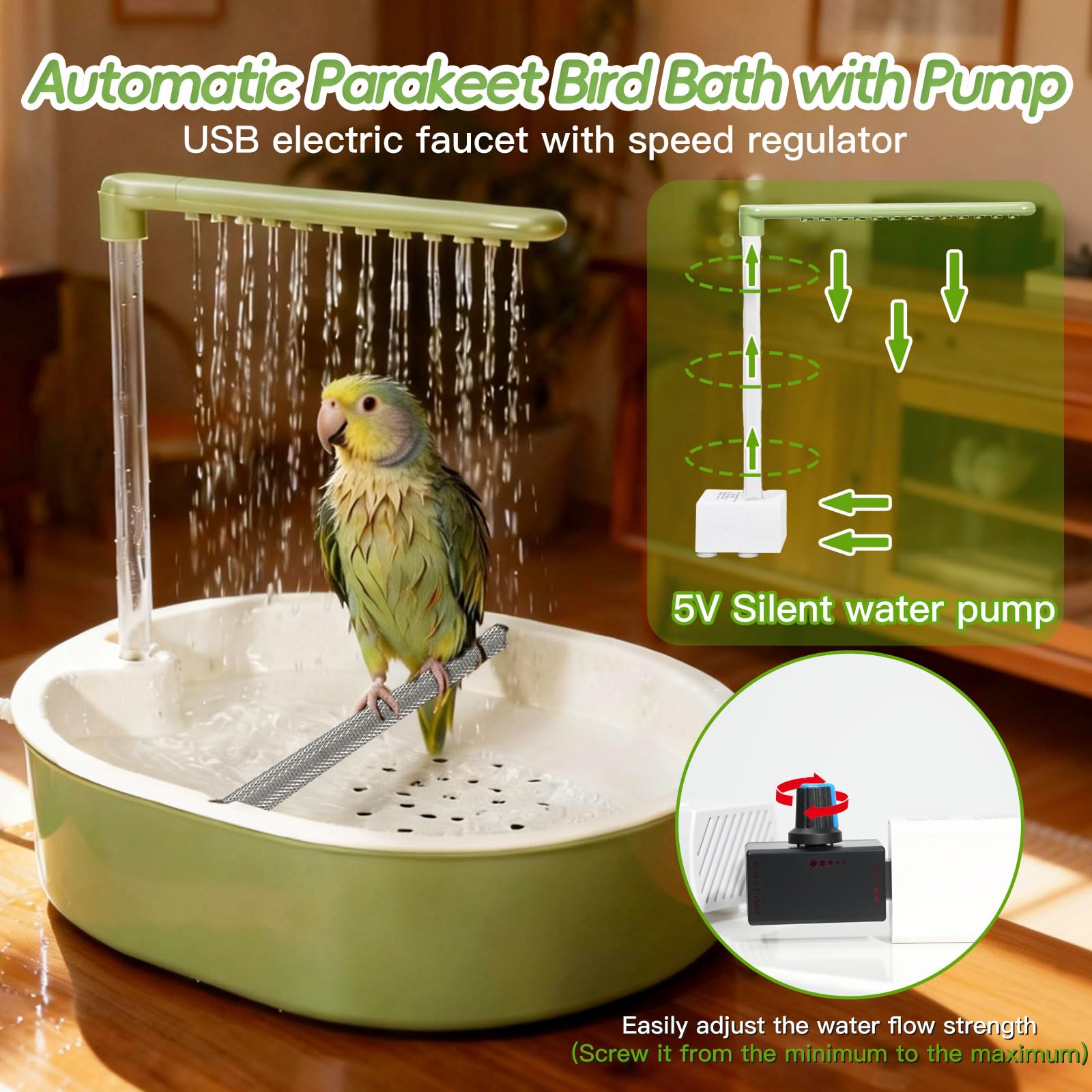 Automatic Parakeet Bird Bath for Cage Large Parrot Shower Bath with Adjustable Water Flow Bird Shower Fountain Indoor Bathtub Stainless Perch Bird Cage Accessory for Birds Cockatiel Conure Budgie - image 6