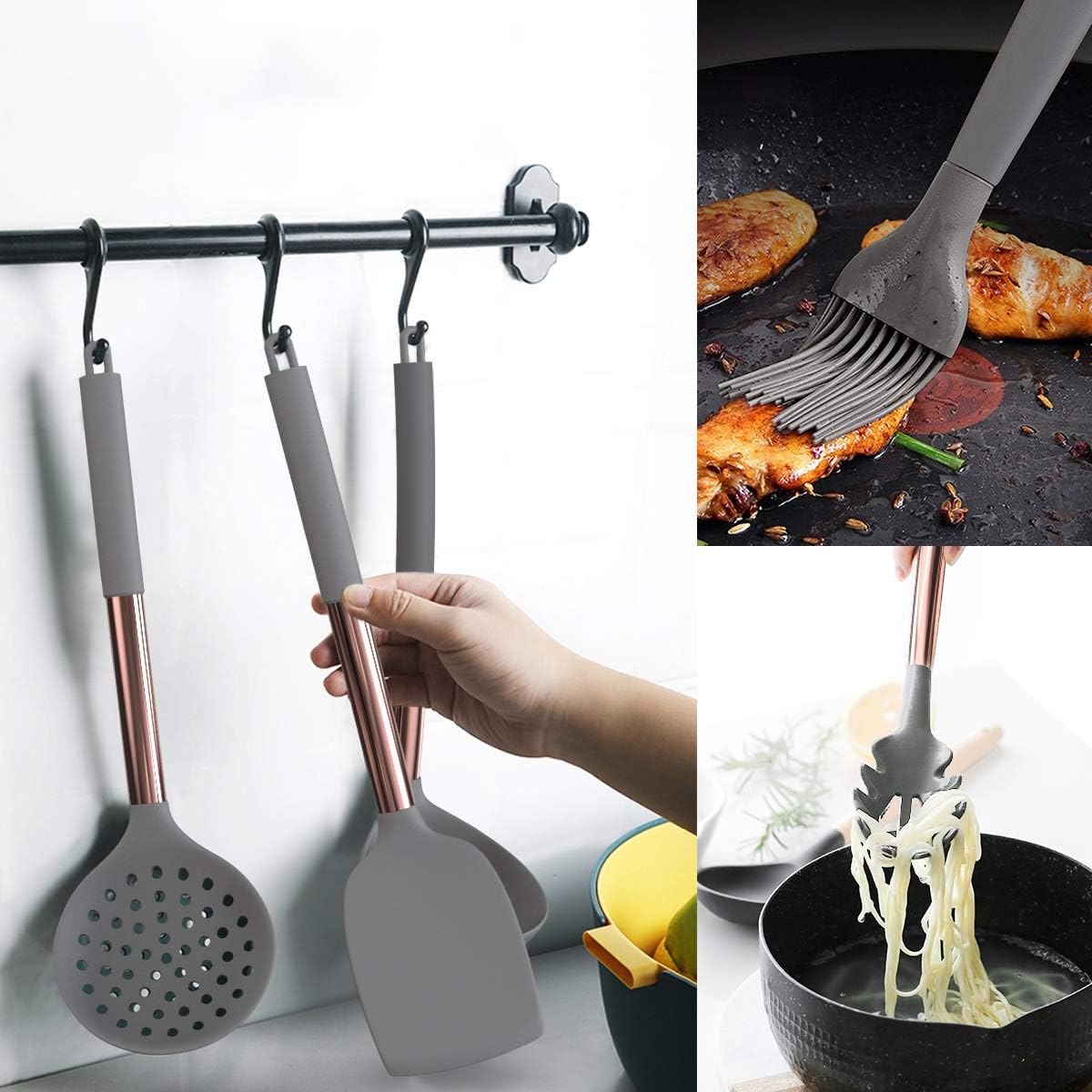 Silicone Cooking Utensil Set, Fungun 24pcs Silicone Cooking Kitchen Utensils Set, Non-stick Heat Resistant - Best Kitchen Cookware with Copper Stainless Steel Handle -Gray(BPA Free, Non Toxic) : Home & Kitchen