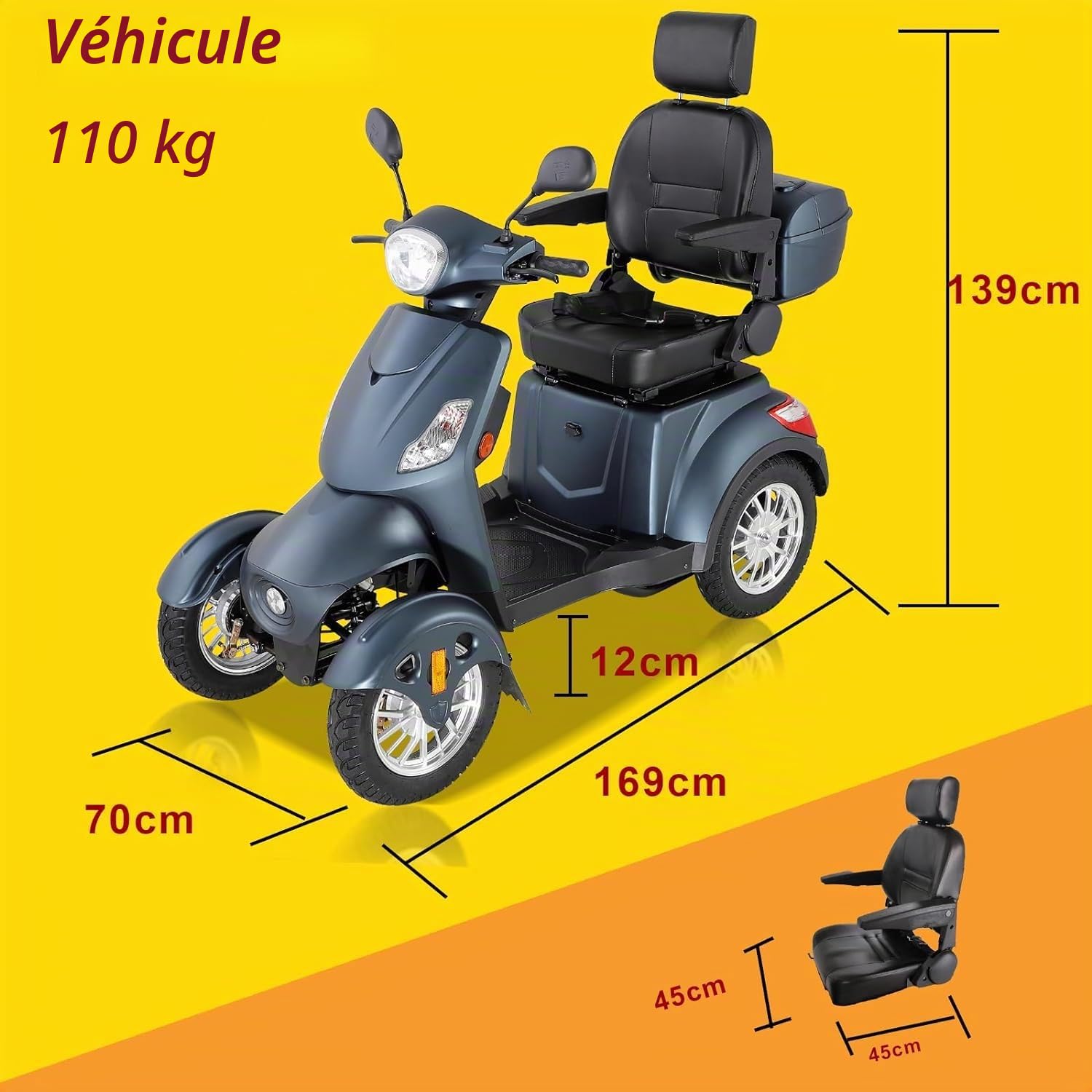 Scooter électrique à 4 roues avec 3 vitesses, grand espace de stockage, tête et accoudoirs réglables et dossier. Convient pour différents terrains avec phares, feux arrière et réflecteurs. Poids
