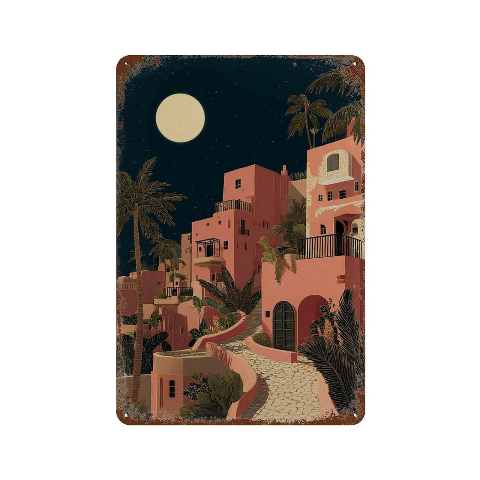 xiaoxiaoshen Mediterranean Night Moonlit City Pink Architecture Coastal Landscape Dreamy Trav Wall Decor Art Metal Tin Poster Modern Home Decor Art Home Bar Shop Decorations Vintage Sign 30x20cm