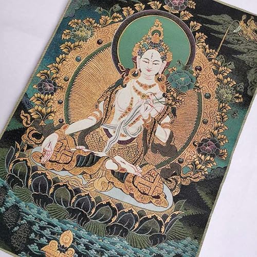 Vista 3 de GEEYOU Bordado de seda tibetano Thangka budismo blanco Tara Guanyin Kwan-yin Tangka Mural Tangka colgante de pared para decoración del hogar, tapiz
