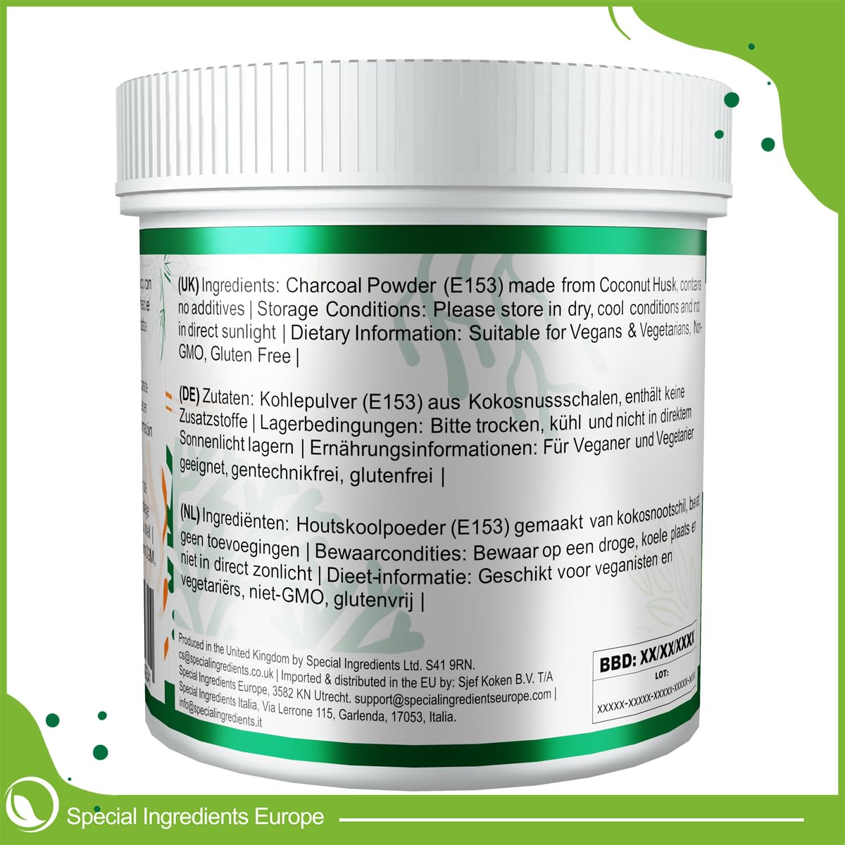 AKTIVKOHLEPULVER 500g HÖCHSTER QUALITÄT ULTRA-FEINES PULVER HERGESTELLT AUS KOKOSNUSS-SCHALE (DEUTSCHE ETIKETTEN UND ANLEITUNGEN)