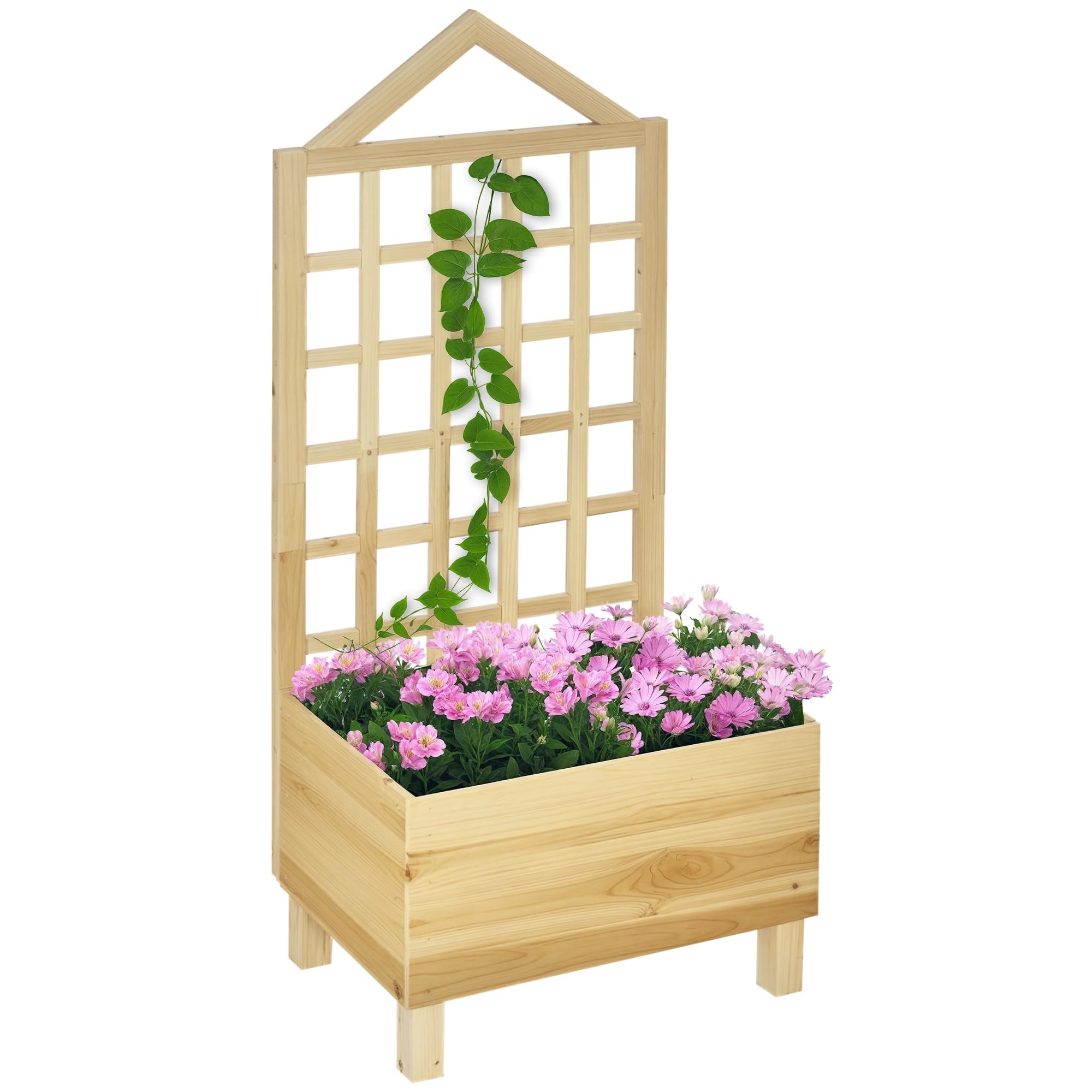 Outsunny Wooden Planters with Trellis for Vine Climbing, Raised Beds for Garden Patio, Outdoor Planter Box for Vegetables, Flowers, Herbs, 60 x 43 x 147 cm, Distressed Natural Tone