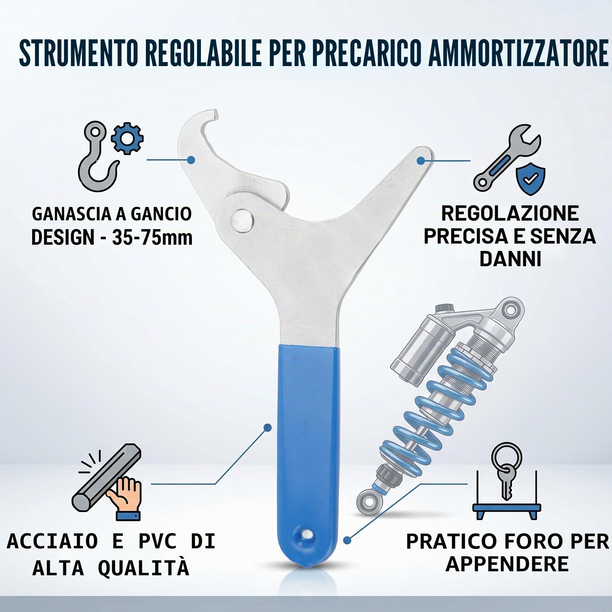 AYNEFY Strumento Regolazione Precarico Ammortizzatore Motociclo Chiave Antiurto Regolabile con Gancio Artiglio Antiscivolo per Bobine Molle 35mm a 75mm