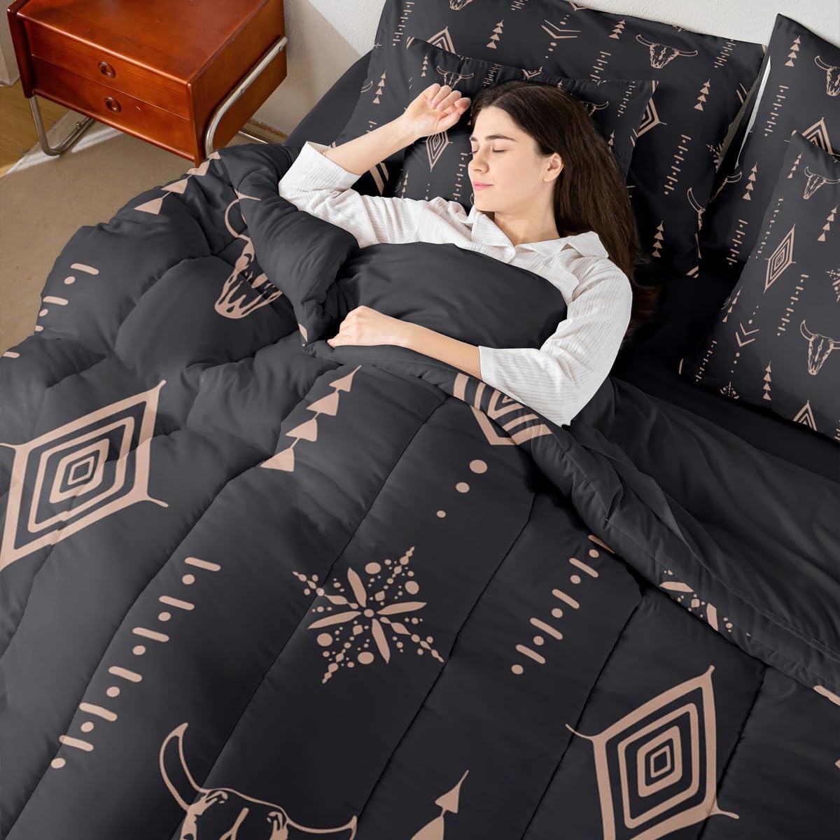 Erosebridal Bull Skull 7 Pcs Comforter Set Queen Boho Bedding Ethnic Horns Bohemian Bed in A Bag Black Brown Tribal Symbol Mysterious Aztec Bedroom Decor Abstract Geometric Sheet Set for Men Boys