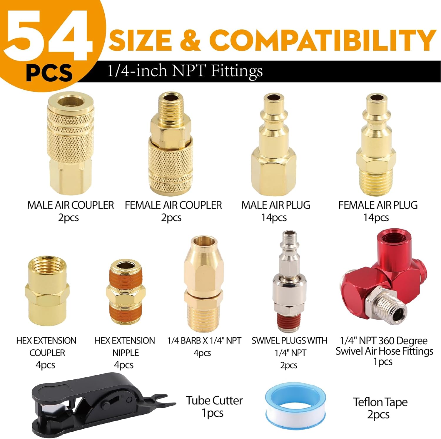 54PCS 1/4" NPT Quick Connect Air Coupler Set,Brass Plated Industrial Grade Fittings Kit for Air Compressors, Pneumatic Tools, Air Hose