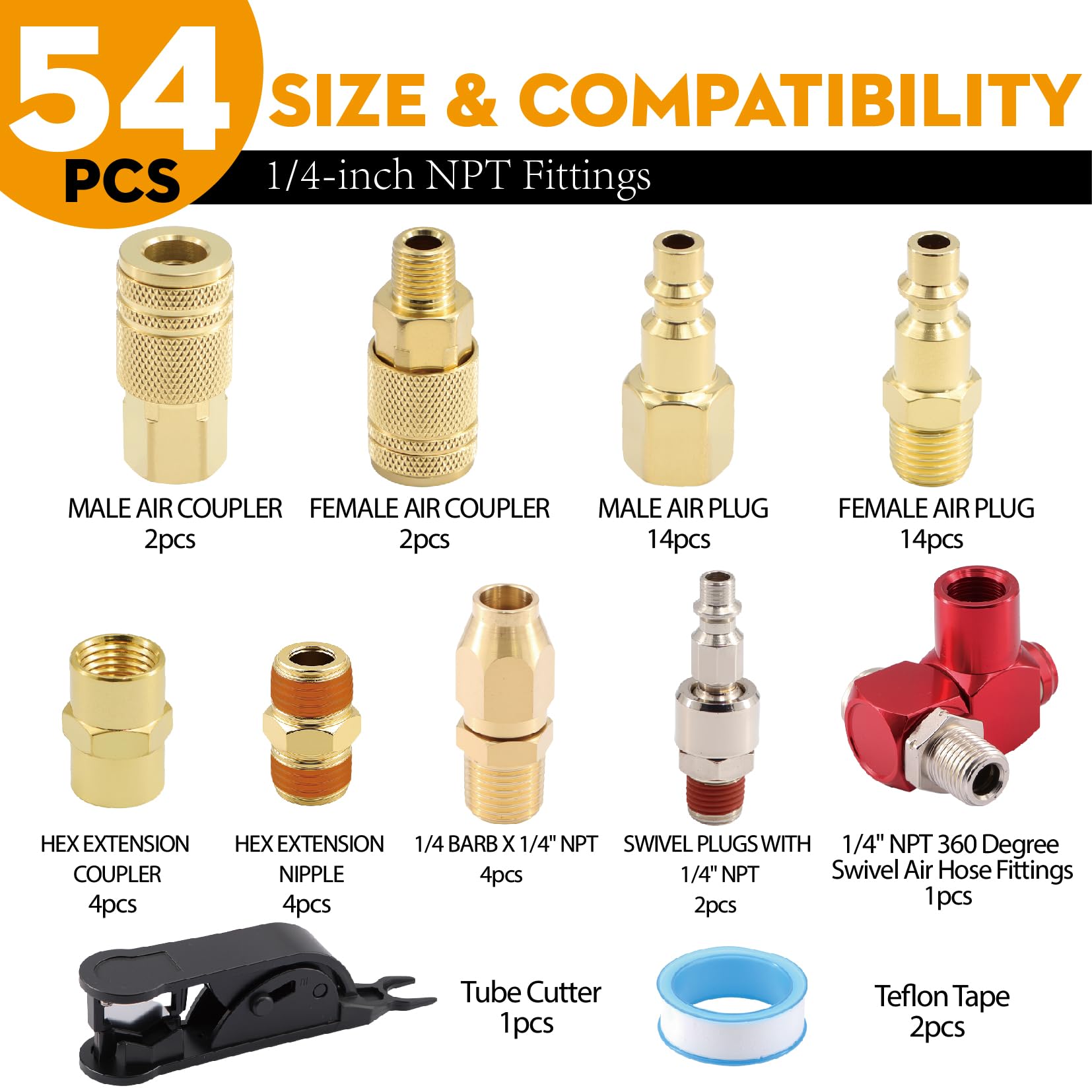 Juego de 54 acopladores de conexión rápida NPT de 1/4 pulgadas, chapado en latón, kit de accesorios de aire de grado industrial para compresores de aire y herramientas neumáticas