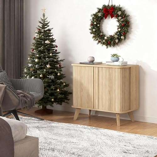 Miniatura 9 de Aparador acanalado con almacenamiento, armario de almacenamiento con borde curvo de 27 pulgadas con puertas correderas y estantes, aparador moderno