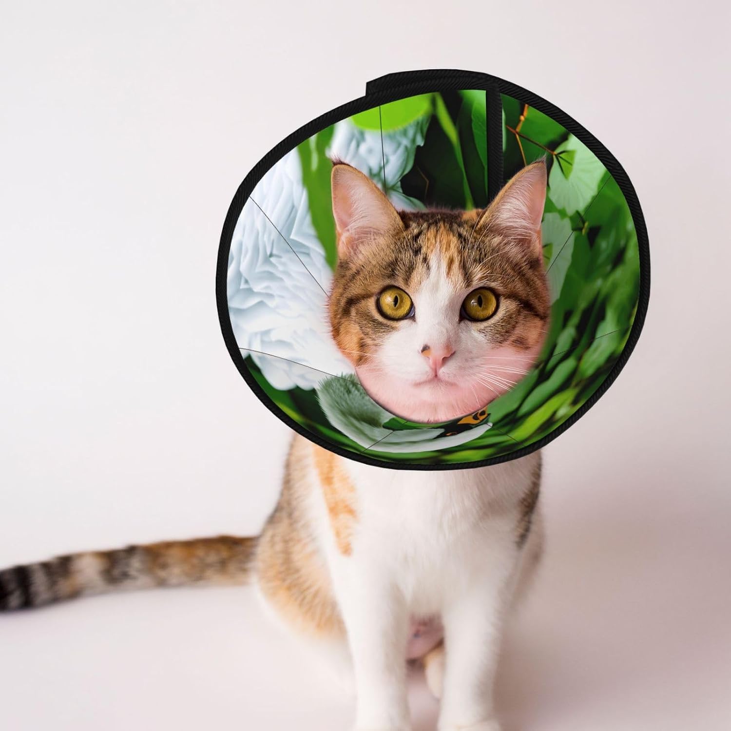 Swan Green Leaves Print Cat Cone Collar, Adjustable Elizabethan Collar, Soft Dog Recovery Collars, for Small Large Cats