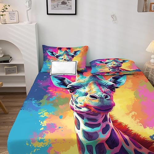 Miniatura 2 de Juego de sábanas de jirafa tamaño King, sábanas coloridas, sábanas y fundas de almohada estampadas de 4 piezas, sábana bajera ajustable de