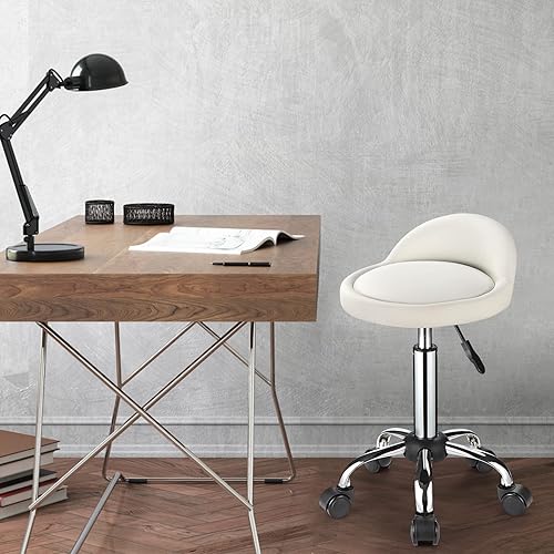 Miniatura 2 de Swivel Rolling Stool with Wheels Height Adjustable Stool Drafting Chair with Low Back White
