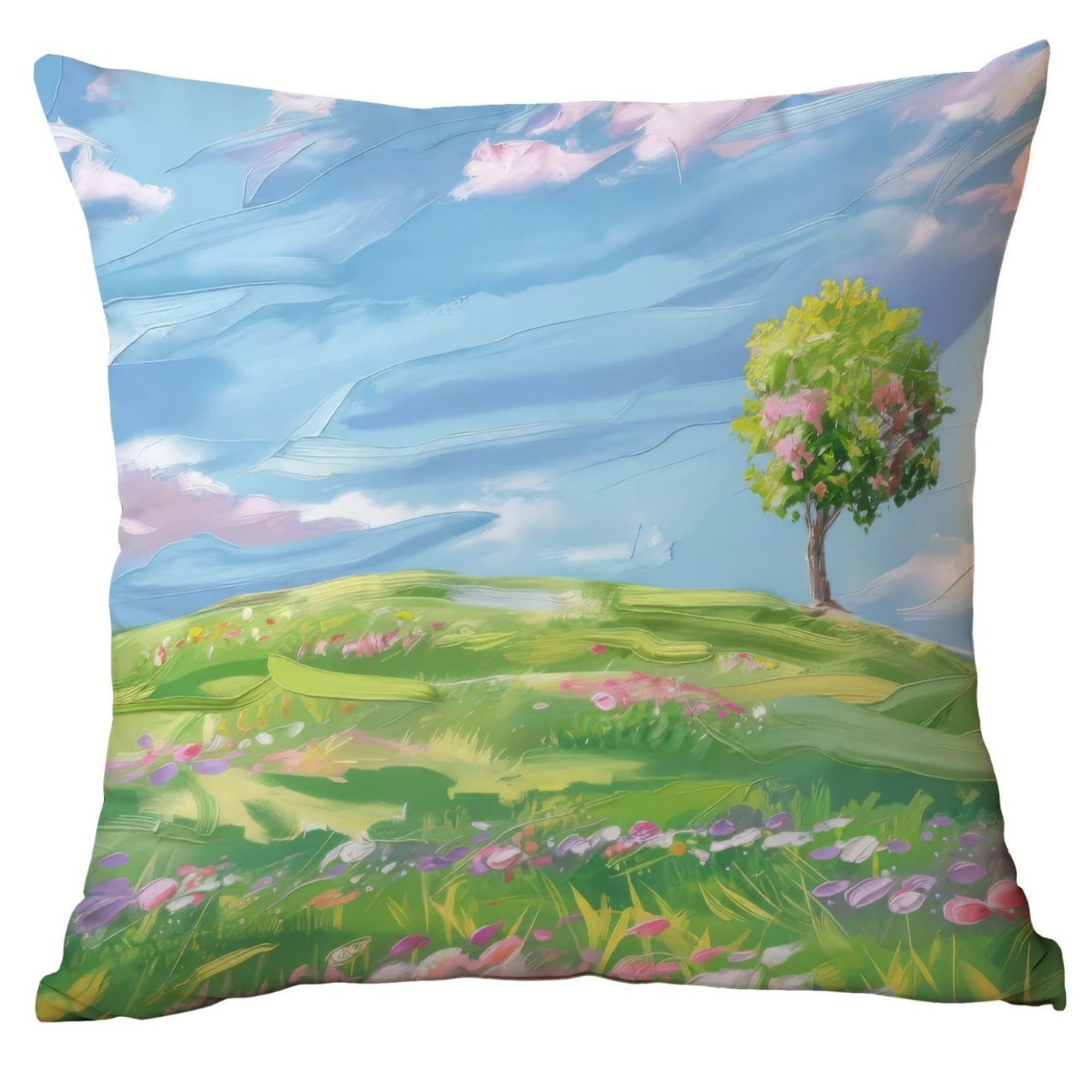 Cushion Covers 60cm x 60cm Painting Tree Garden Cushions Soft Fabric Pillow Case Short Plush Outdoor Cushion Covers for Car Office Throw Pillow with Invisible Zipper