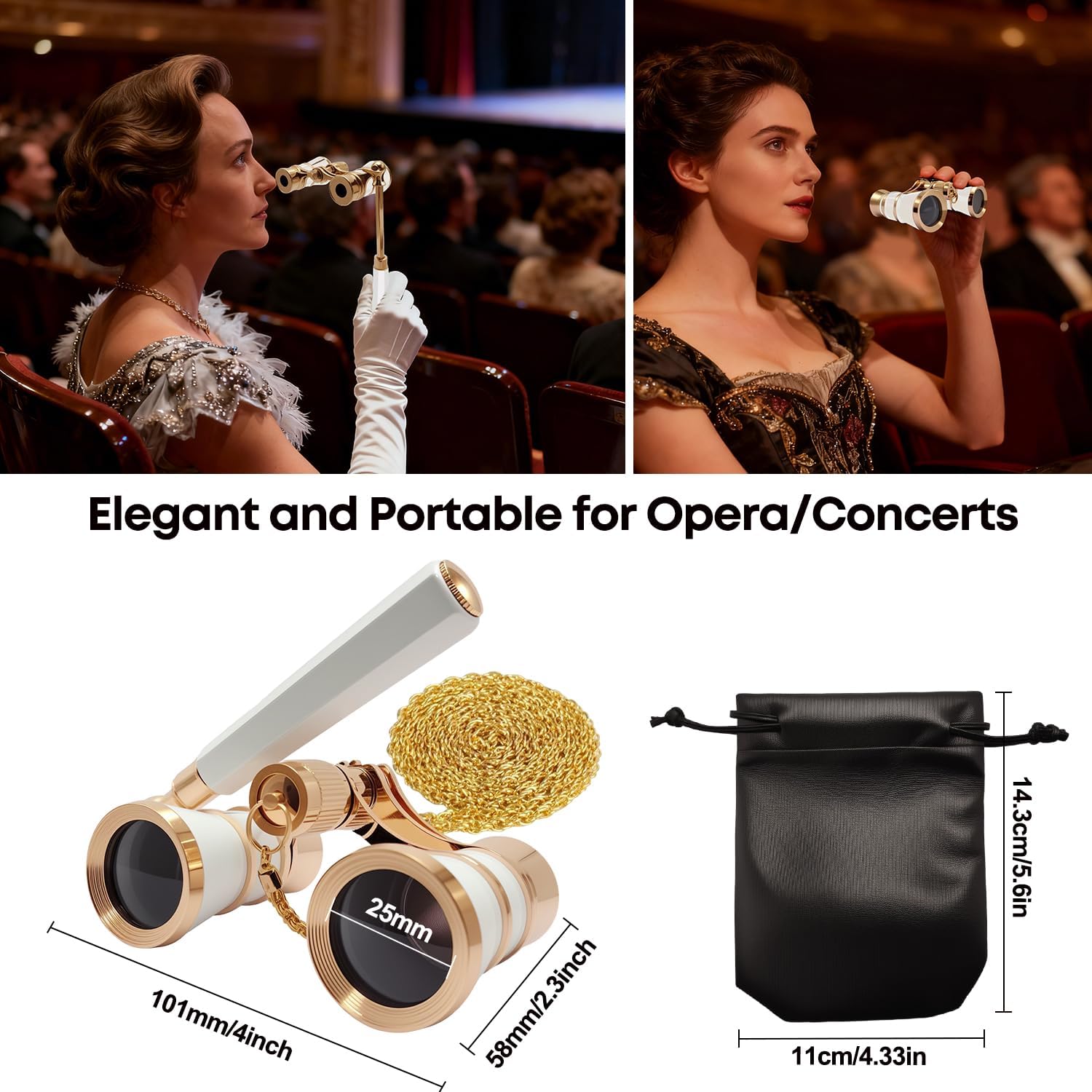 3X25 Opera Glasses Theater Binoculars with Adjustable Handle & Chain, Small Elegant Glasses for Adults Women Vintage Portable Costume Binoculars for Musical Concerts Cinema (White)
