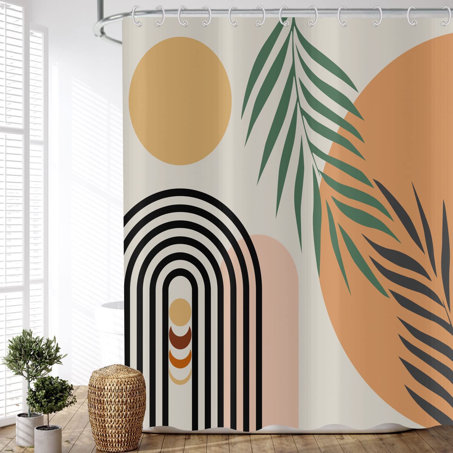 ASDCXZ Boho Shower Curtain 240x180 cm (WxL), Modern Abstract Art Boho Style Green Leaves Sun Moon Beige Washable Shower Curtains Polyester Textile Waterproof Shower Curtain for Bathtub with 12 Hook — image 1