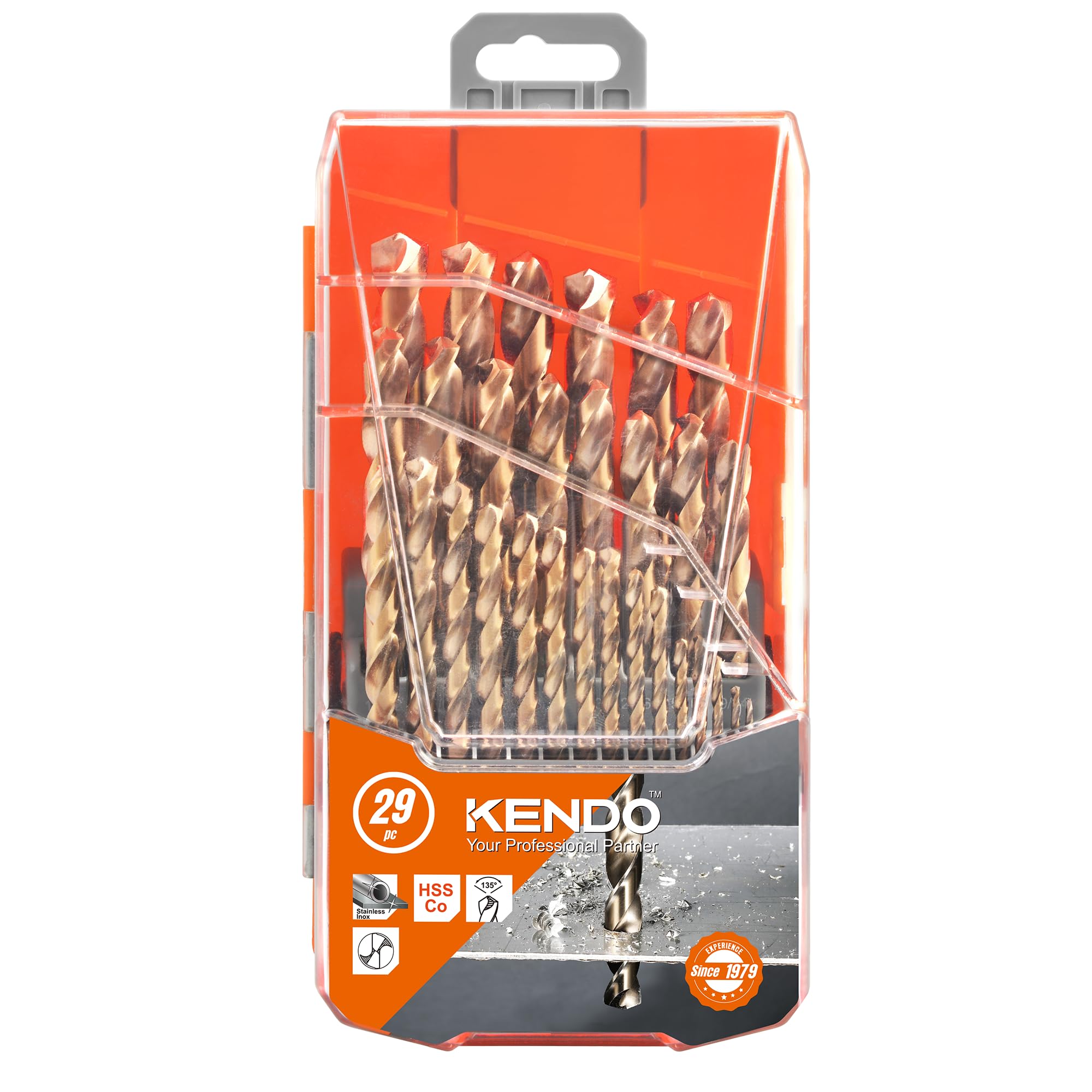 KENDO Set di 29 punte per trapano al cobalto (1/16"-1/2"), acciaio ad alta velocità M35, punta da 135 gradi, set di punte elicoidali per metallo duro, acciaio inossidabile, ghisa e legno, con custodia