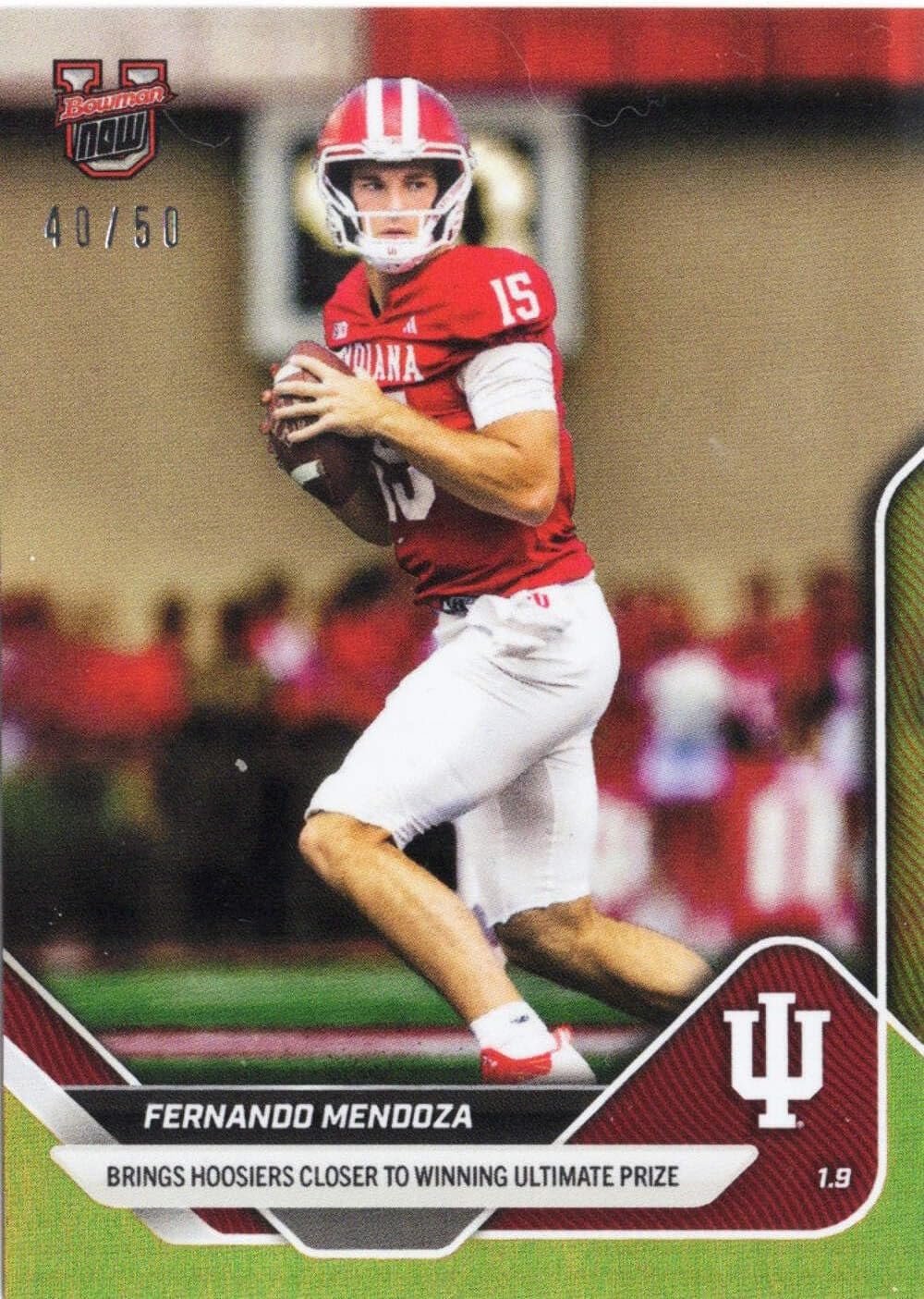 2025 Topps Bowman U Now Fernando Mendoza #66 Gold Foil /50 Indiana Hoosiers Rookie RC Football Card