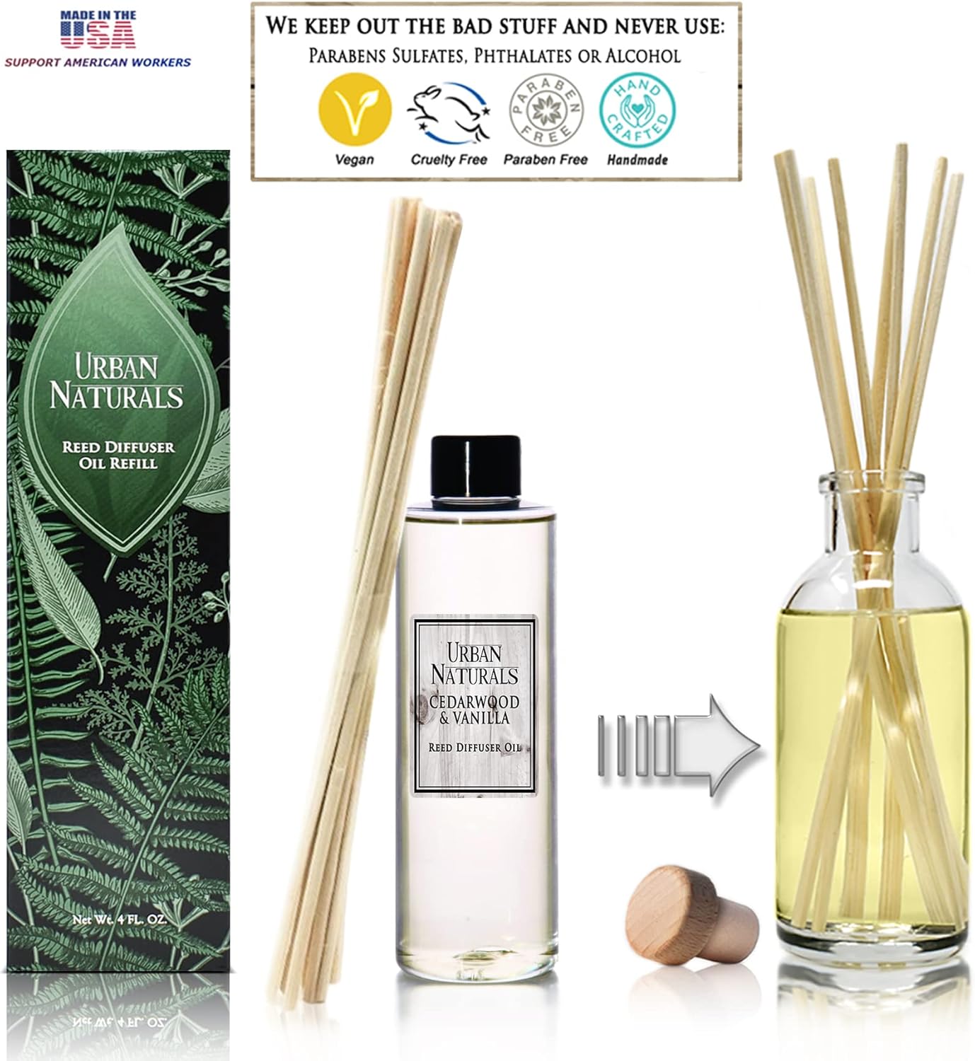 Urban Naturals Cedarwood & Vanilla Reed Diffuser Refill, 4 oz, Bundle with Cedarwood & Vanilla Reed Diffuser Set - Made with Essential Oils in The USA