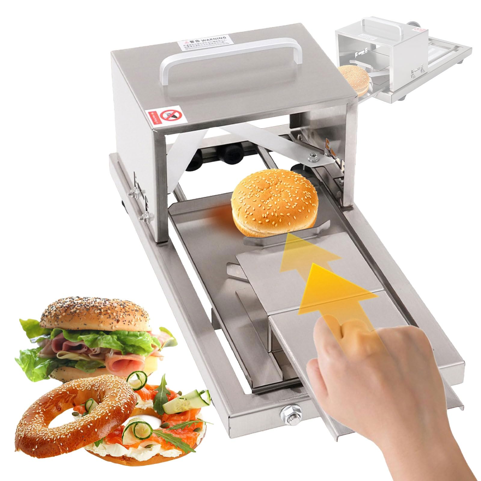 Eiwitany Push-Pull Stainless Steel Commercial Bun & Bagel Slicer, Fits Bagels Up to 12×15cm, Uniform Cuts for Hamburger Buns and Bagels