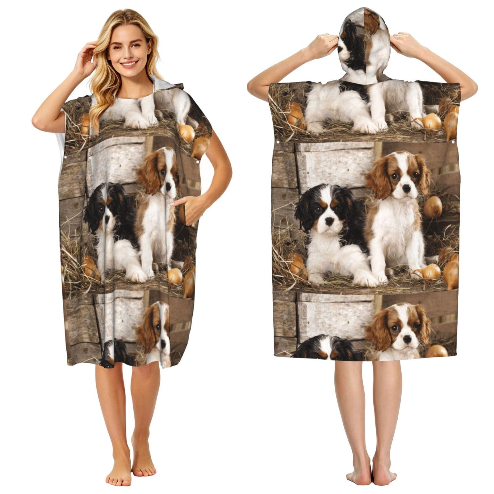 Poadnly Cavalier King Charles Spaniel Small Puppies, Adult Hooded Beach Towel 90 x 110 cm,Changing Bath Robe, Surf Poncho Towel For Women Men