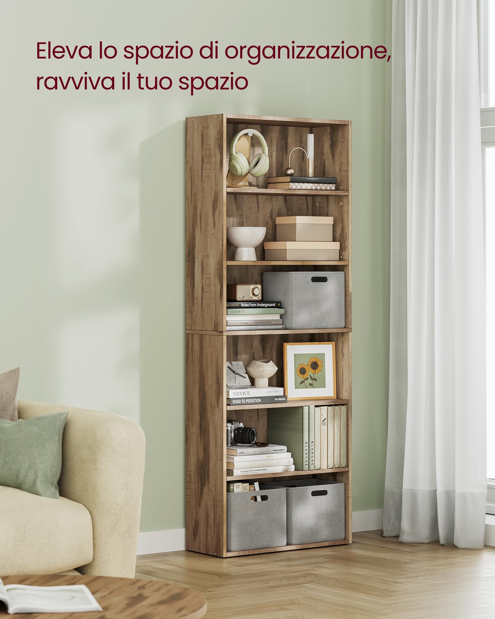 VASAGLE CUSTOS Collezione - Libreria Scaffale a 6 Ripiani, Portaoggetti, Organizzatore con Scomparti, Ripiani Aperti e Regolabili, per Soggiorno, Ufficio, Camera da Letto, Marrone Cammello LBC166T50