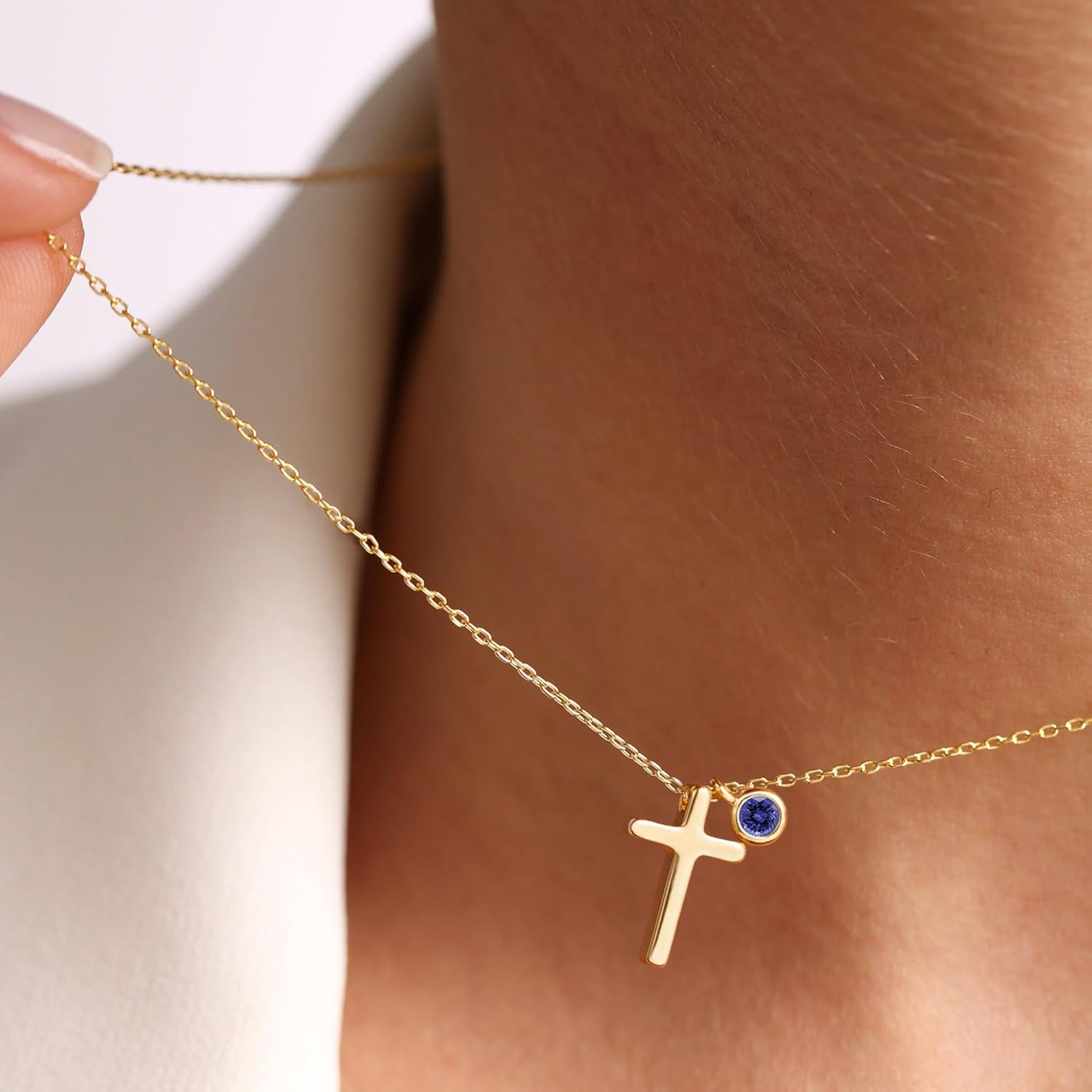 Turandoss Gifts for Women Her Teen Girls - Cross Gold Birthstone Necklace, 14K Gold Plated Dainty Cross Pendant Created Birthstone Necklaces for Women Jewelry Gifts for Christian Faith - Image 5