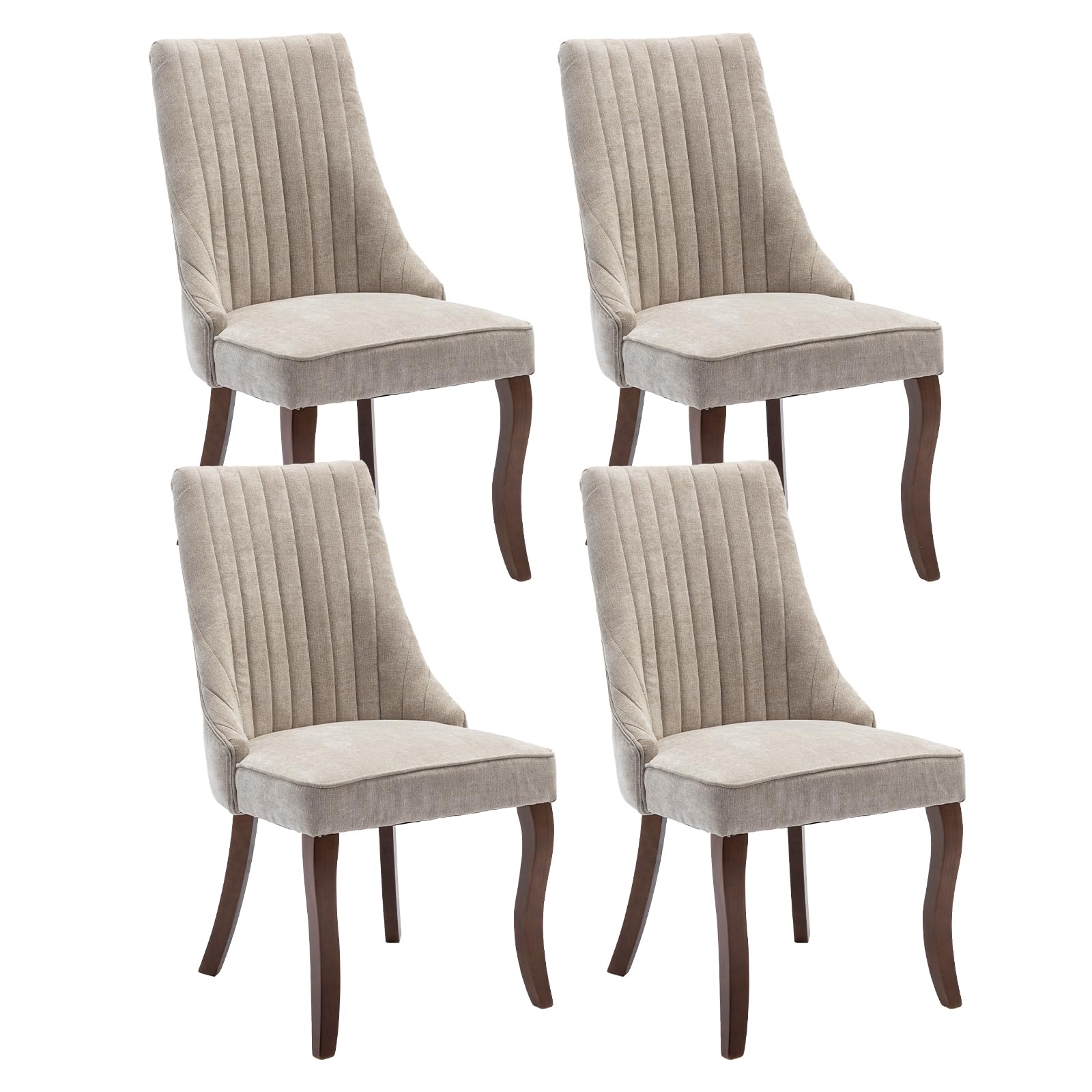 MZDOO Dining Chairs Set of 4，Linen Channel Tufted Kitchen Dining Room Chair with Curved Solid Wood Legs, Comfortable Fabric Upholstered Dining Chair