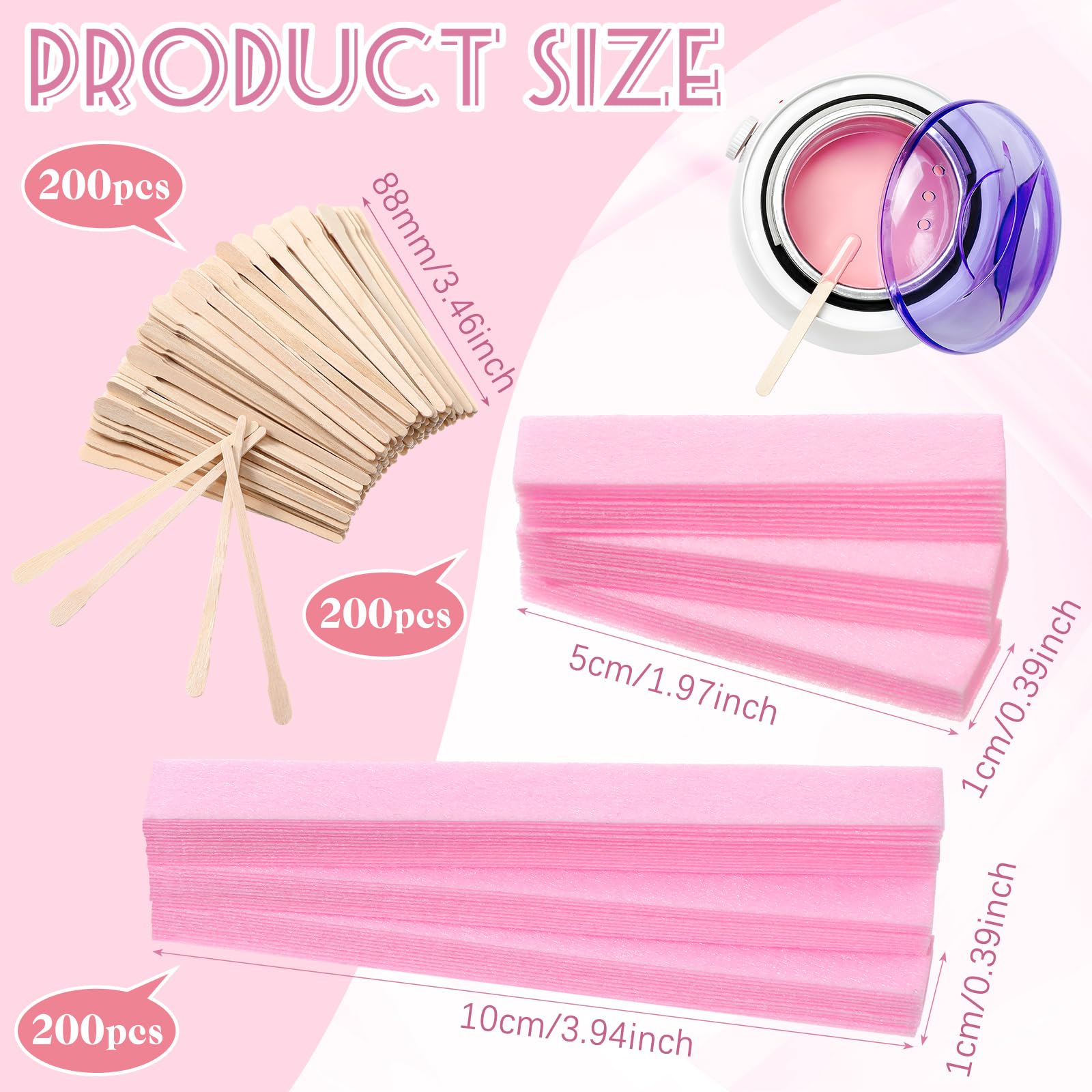 Leelosp El kit de depilación de 600 piezas incluye 400 tiras de papel encerado para cejas y 200 varillas aplicadoras suaves de madera para depilación de piel corporal (rosa)