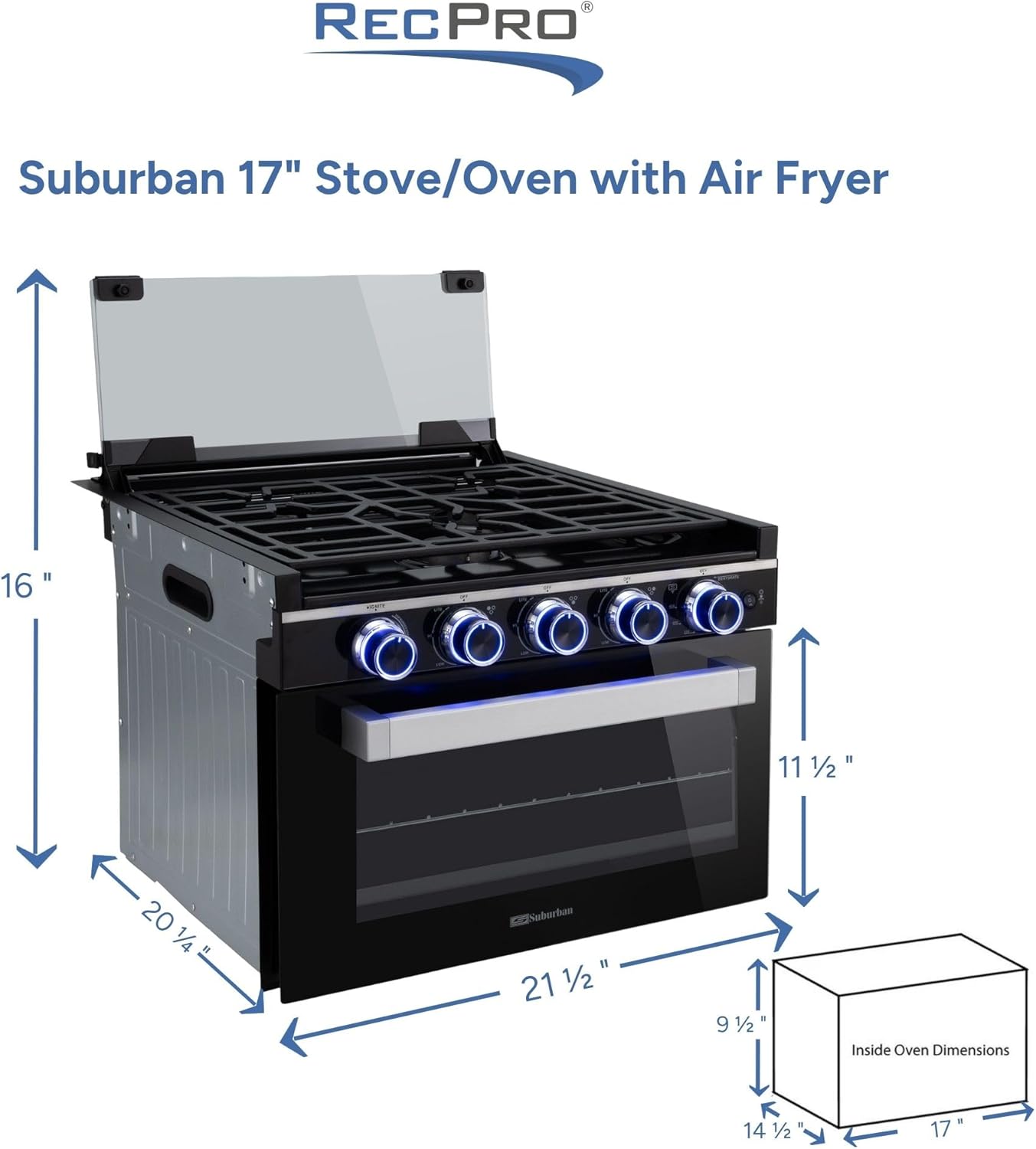 RecPro Suburban 17" RV Gas Range w/Air Fryer | 3 Burner Propane Stove & Oven Combo | Black Glass Cover | Dual Fuel (Gas & Electric) | Slide-in RV Cooktop | 12V DC/ 120V AC