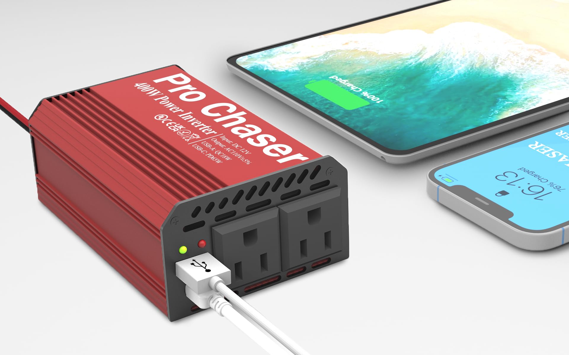 Pro Chaser - Przetwornica mocy 400 W do pojazdów - falownik samochodowy DC 12 V na 110 V AC, porty USB-A, PD 65 W USB-C, podwójny adapter prądu przemiennego do laptopów sprężarek