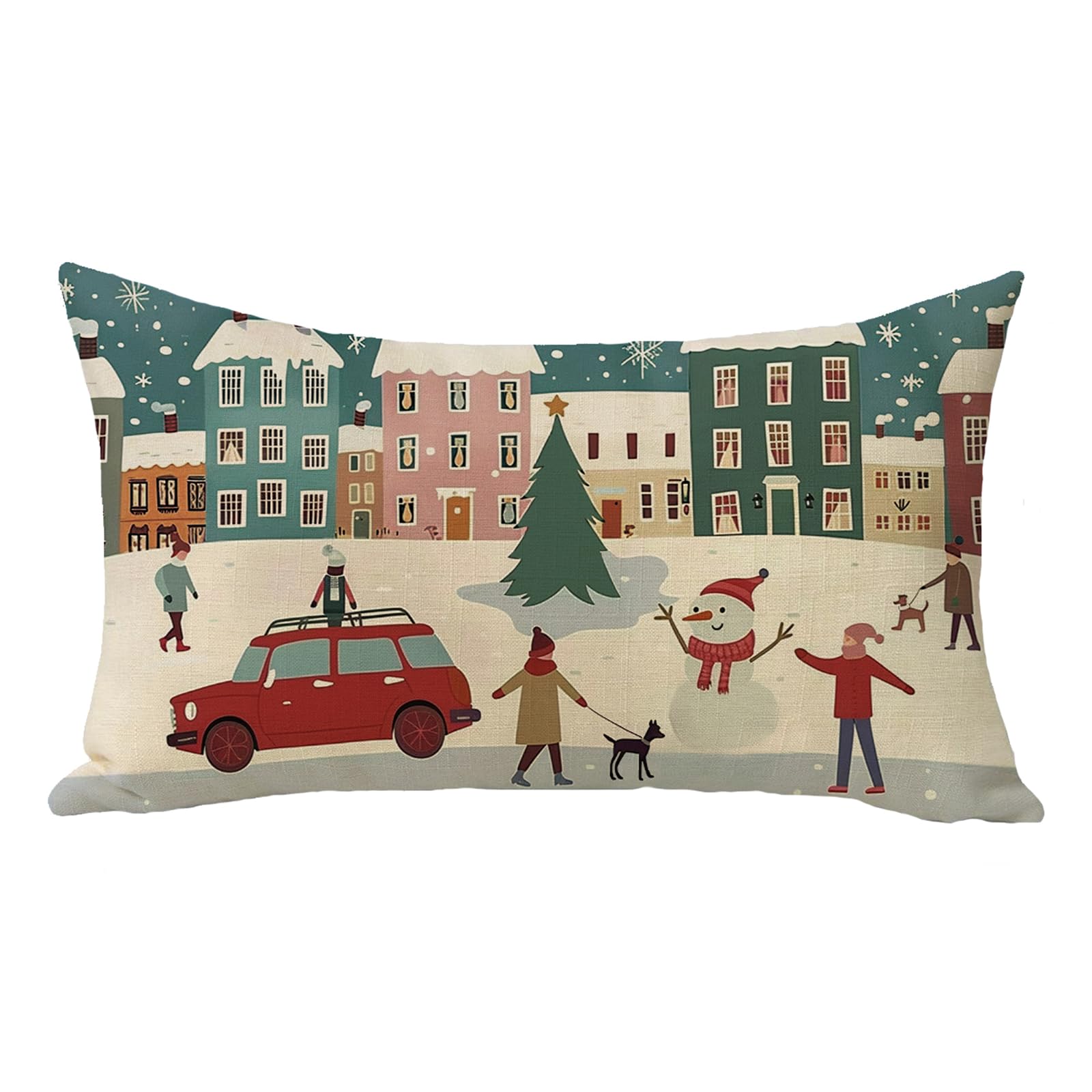 Fjfz Winter Town Lumbar Decorative Throw Pillow Cover 12 x 20 Rectangular Village Holiday Street Snowman Outdoor Home